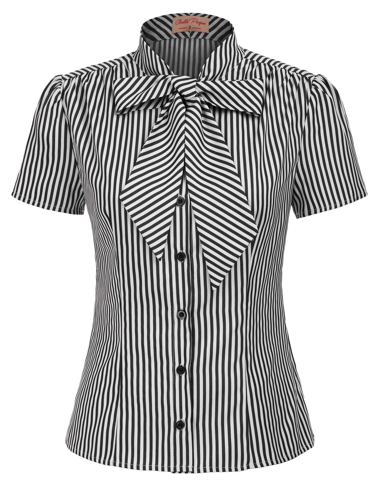 Belle Poque Bow Tie Button Down Top Blouse Summer Shirt XL BP573-2, Black Stripe