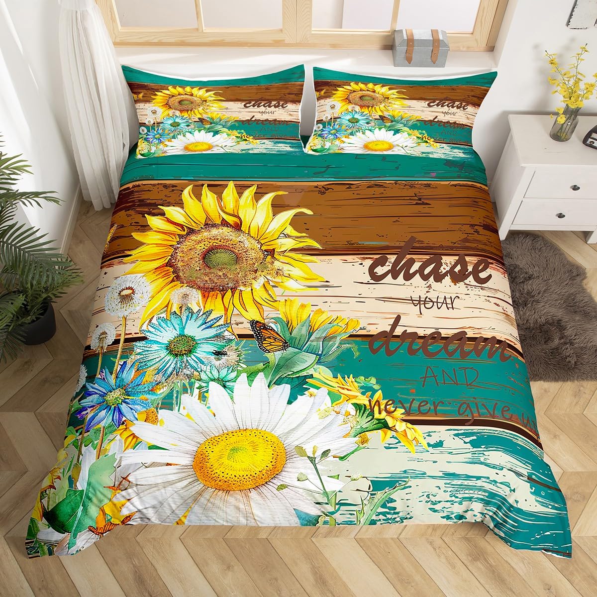 Flower Kids Duvet Cover Set Super King Size, Daisy Sunflower Dandelion Floral Comforter Cover, Vintage Wooden Plank Bedding Set for Boy Girls Room Decor, Lightweight Bedspread Cover, 2 Pillowcases