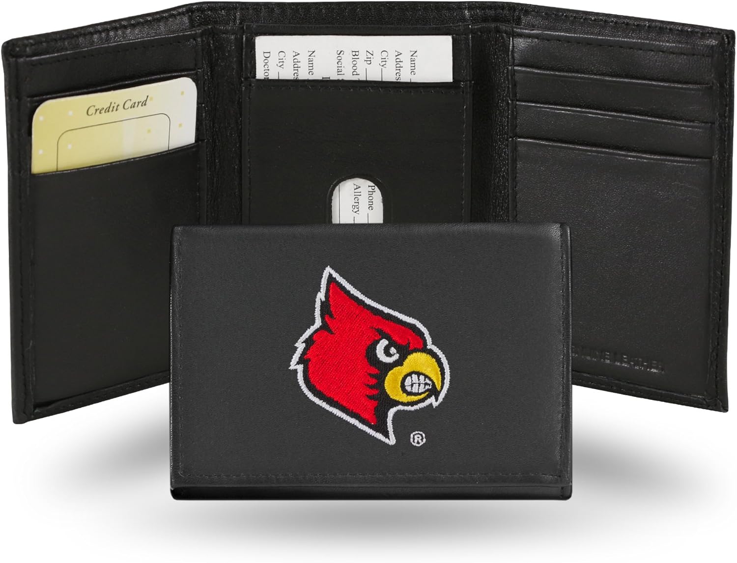 Rico Industries NCAA Louisville Cardinals Embroidered Genuine Leather Tri-fold Wallet 3.25'' x 4.25'' - Slim By Rico Industries
