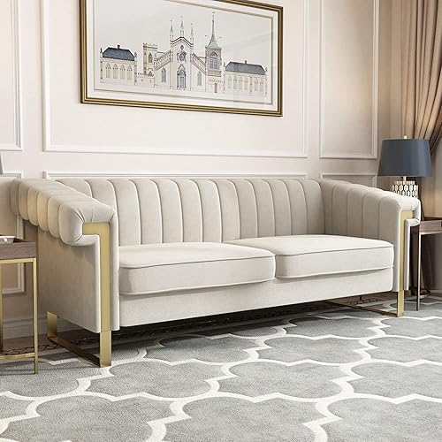 Sofá Chesterfield de terciopelo de 83 pulgadas, moderno sofá biplaza de mediados de siglo para sala de estar y apartamento (P81-caqui cracker)