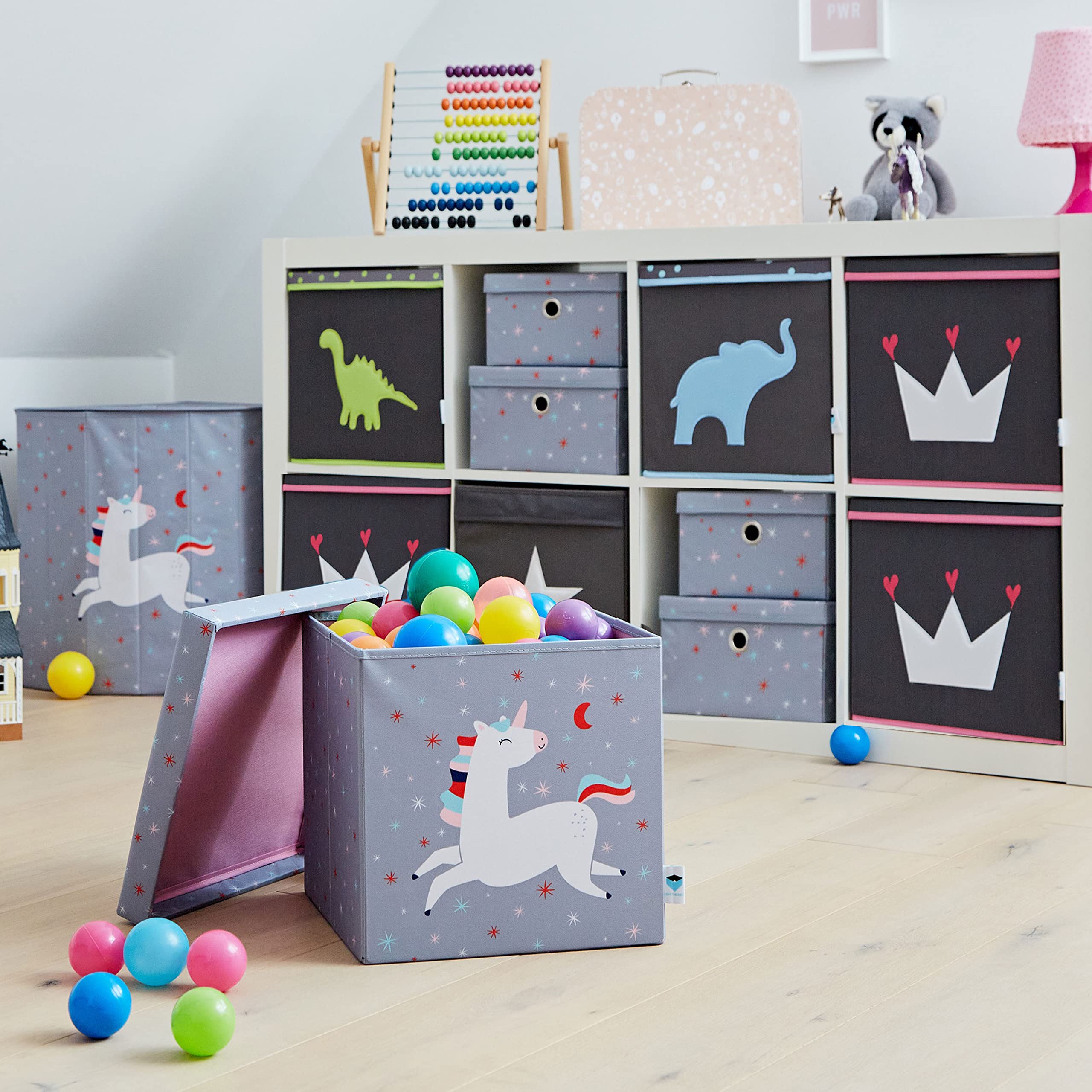 LOVE IT STORE IT - Pouf Contenitore Bambini Ultra Resistente Pieghevole Rinforzi Legno - 35x35x35cm - Fantasia Unicorno Grigio