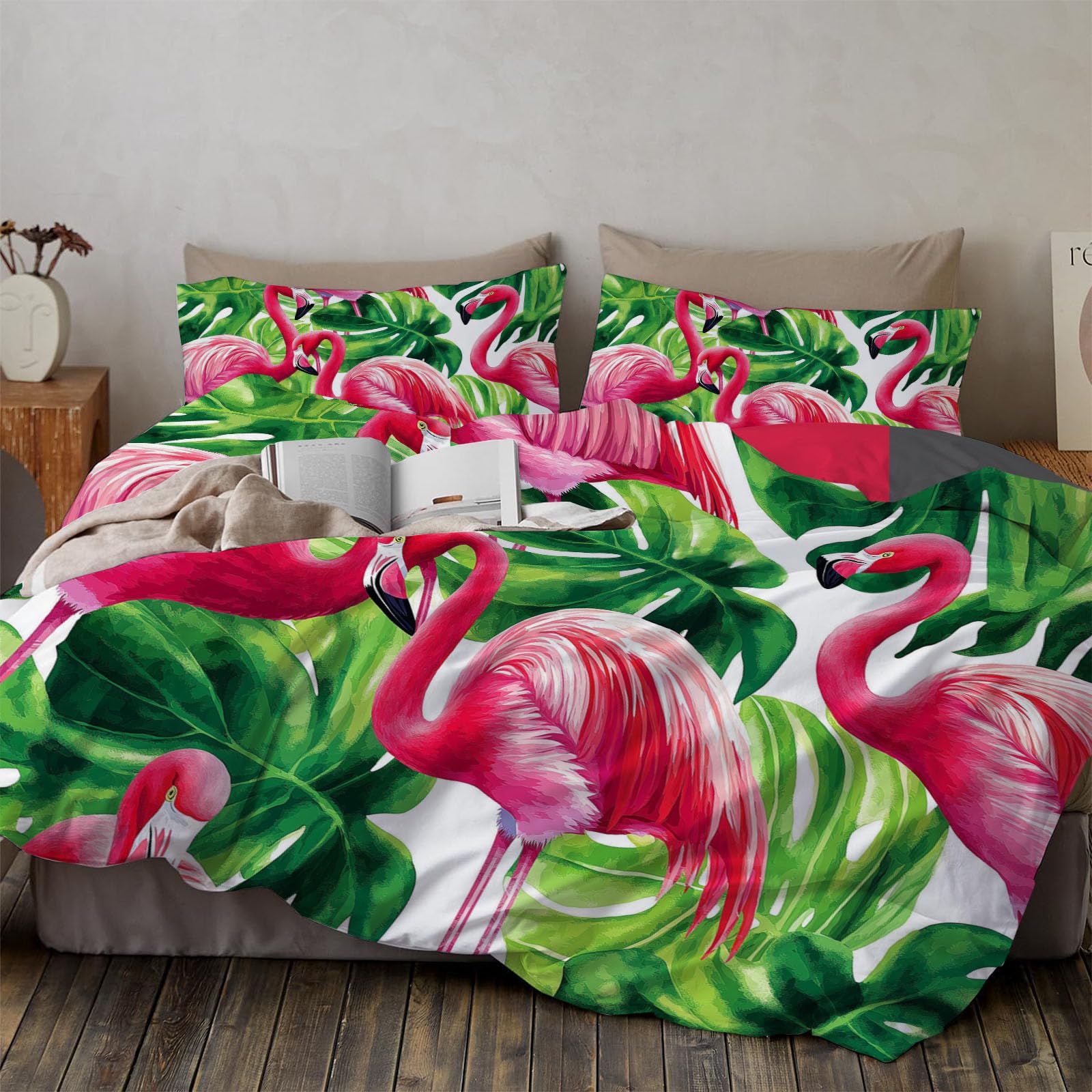 Housse de couette 220x240cm 3D flamant rose parure de lit microfibre avec taies