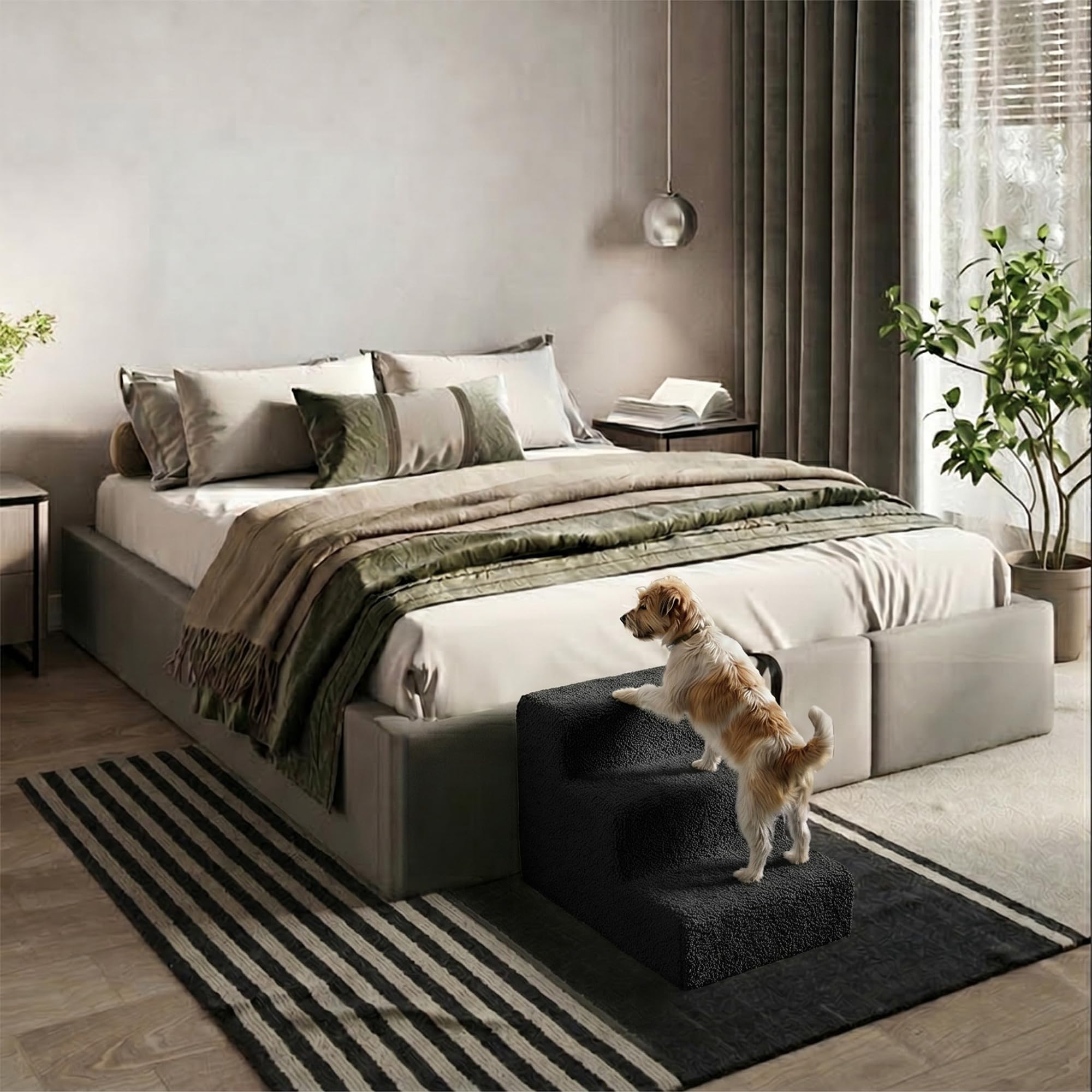 murando Escalera para Perros de 3 Etapas - Rampa de 30 cm de Altura para Cama y Sofá - Peldaños para Mascotas, Perros y Gatos - Espuma de Alta Densidad, Antideslizante - Material de Bouclé - Negro