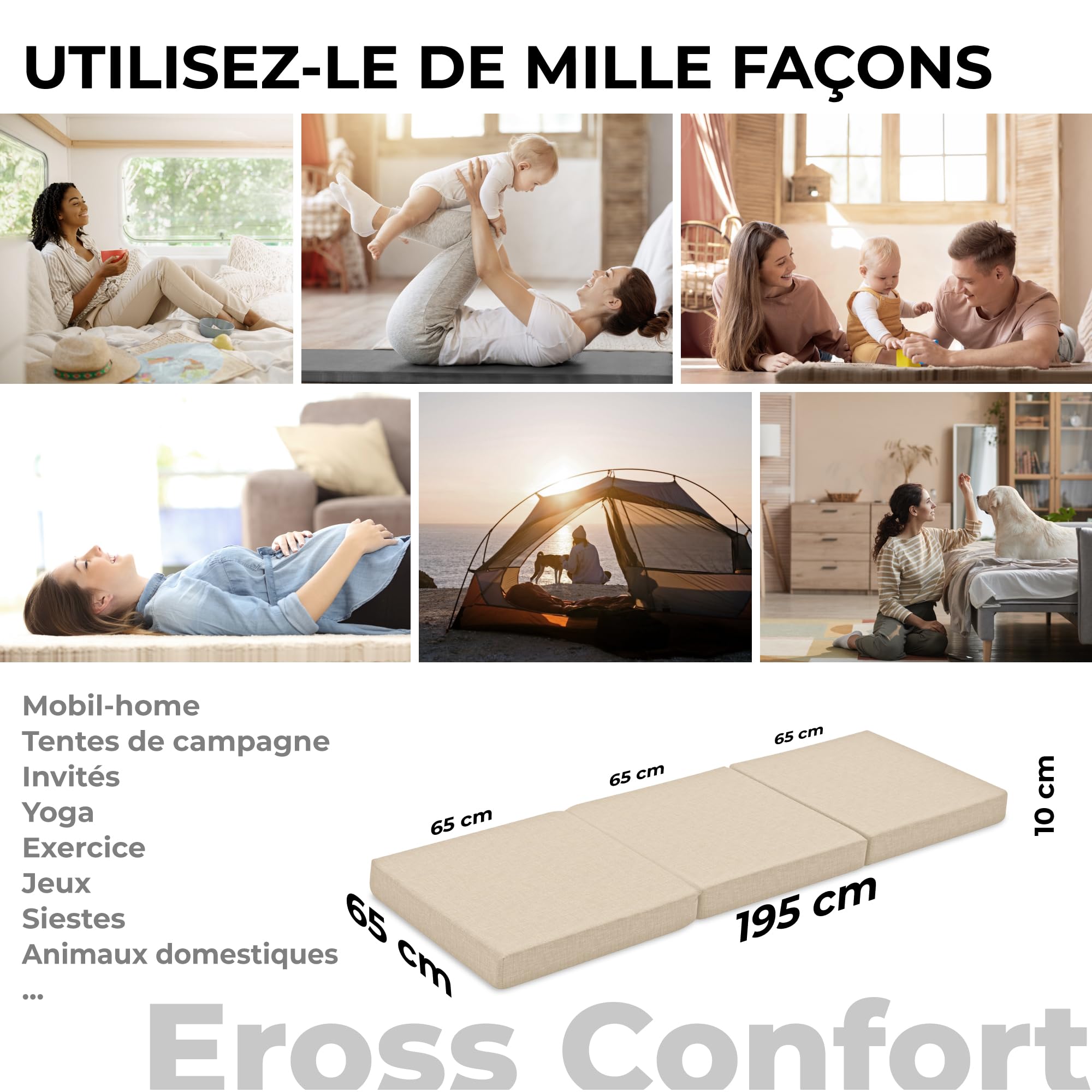 ErossConfort Matelas Pliable Noyau Mousse HD, Housse Lavable. Matelas Pliable pour Voyage, Camping, Caravane. Qualité Extra Respirante. Hauteur 10 cm