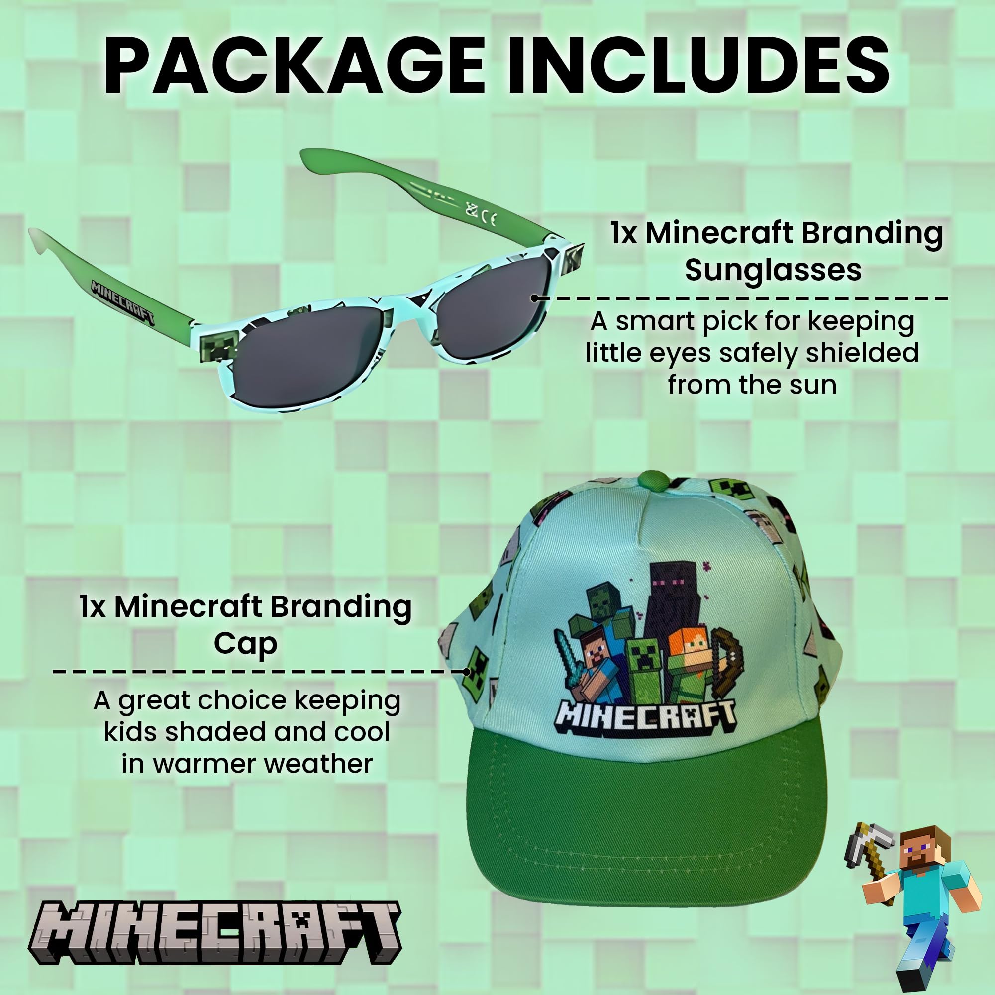 Toys & Gamers Czapka Minecraft i bezpłatny zestaw okularów przeciwsłonecznych, jasnoniebieski i zielony, akcesoria postaci dla dzieci