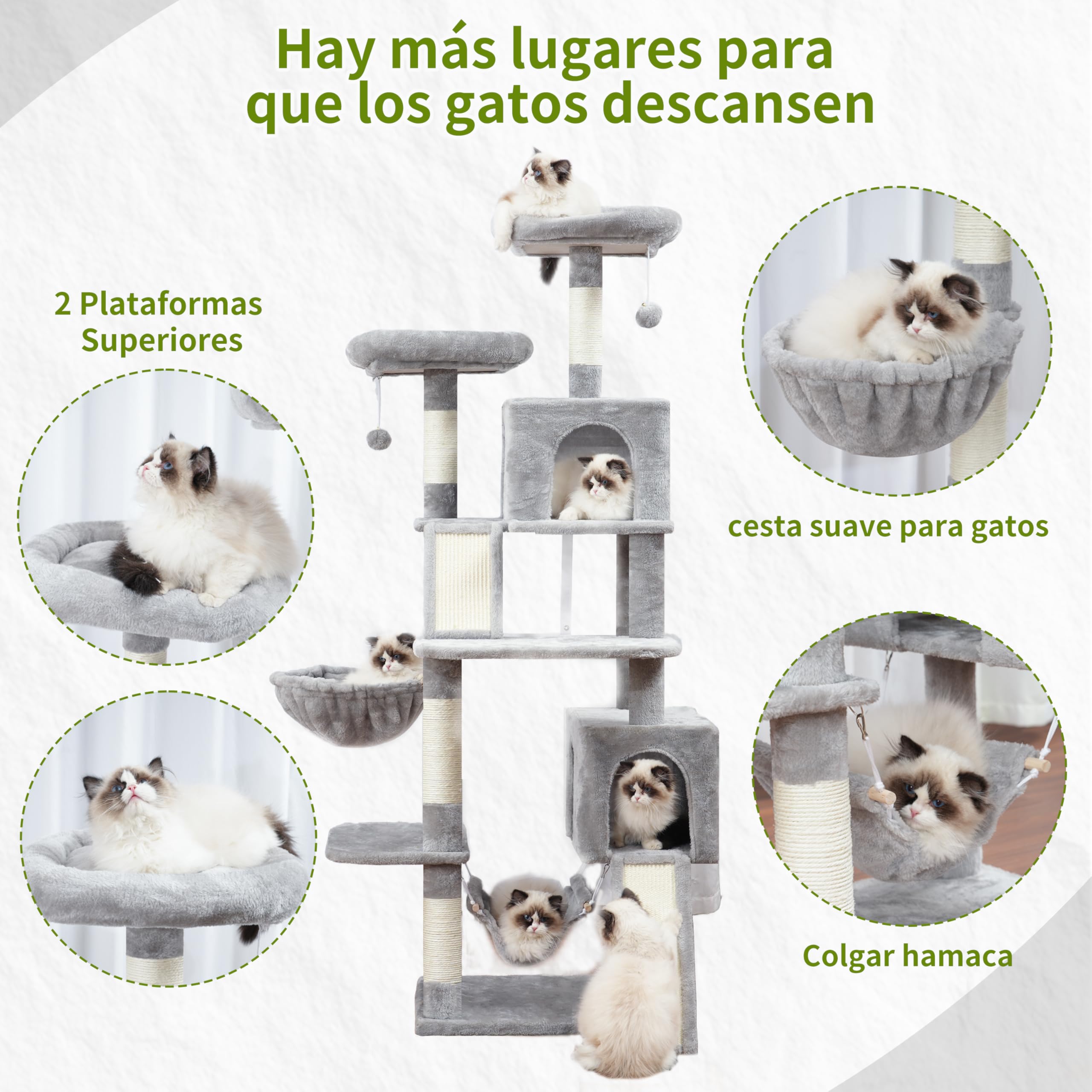 Gitelsnour rascador para Gatos de Interior, árbol para Gatos de 180 cm, con 2 rascadores, 7 Postes, Pompones, Hamaca, Gris Claro GCT032W