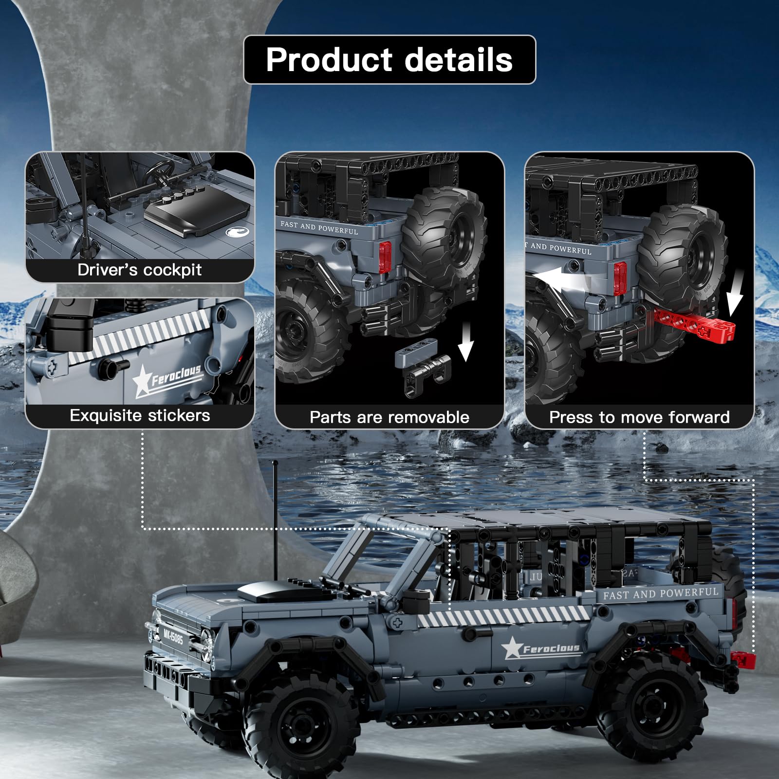 Mould King 15085 Technik Bausteine SUV Offroad Pickup mit Rückziehmotor Klemmbausteine Offroad Geländewagen Klemmbausteine Set MOC Kompatibel mit Andere Marken(828 Teile)