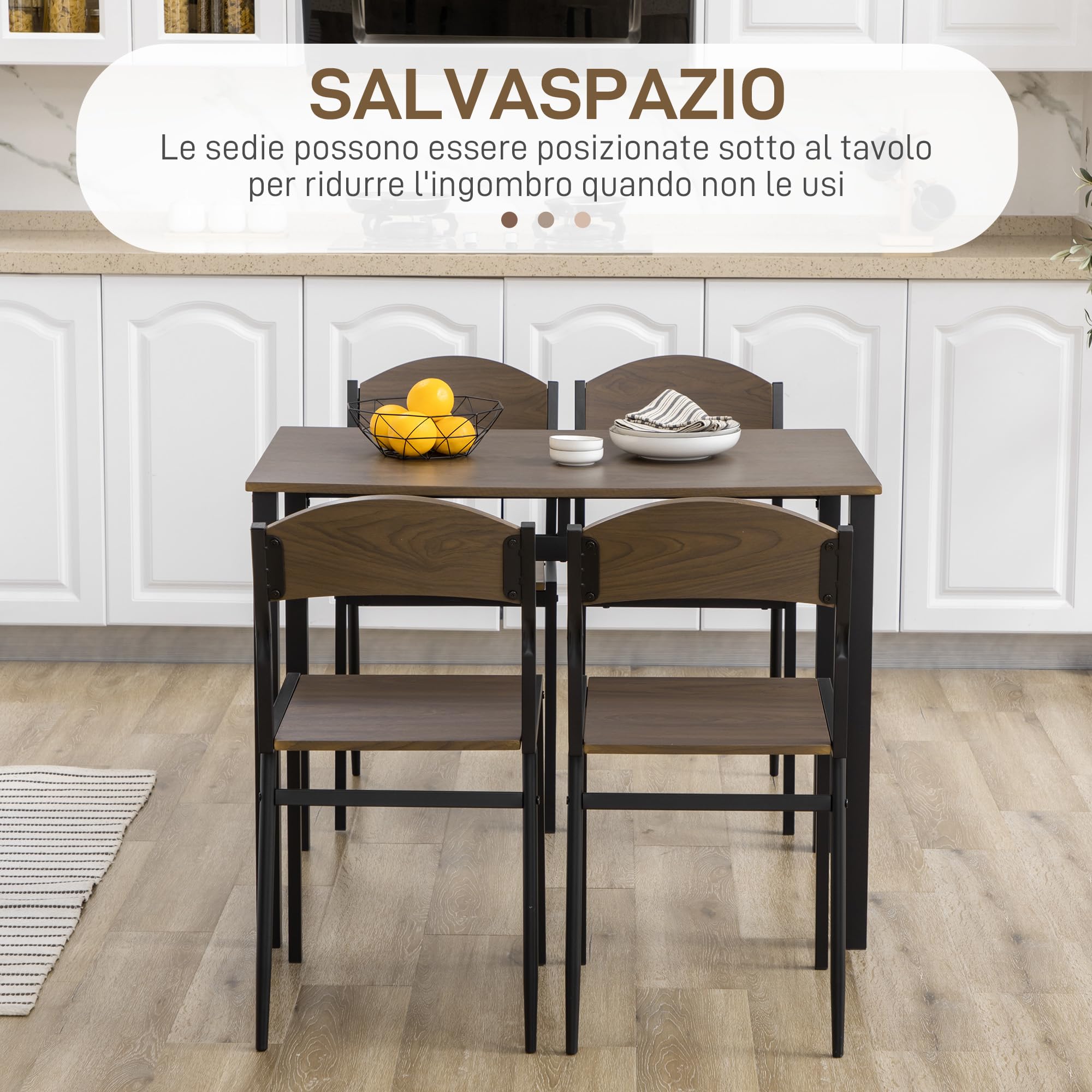 HOMCOM Set da Pranzo da 5 Pezzi con 1 Tavolo Rettangolare e 4 Sedie, in Acciaio e MDF, Nero e Marrone