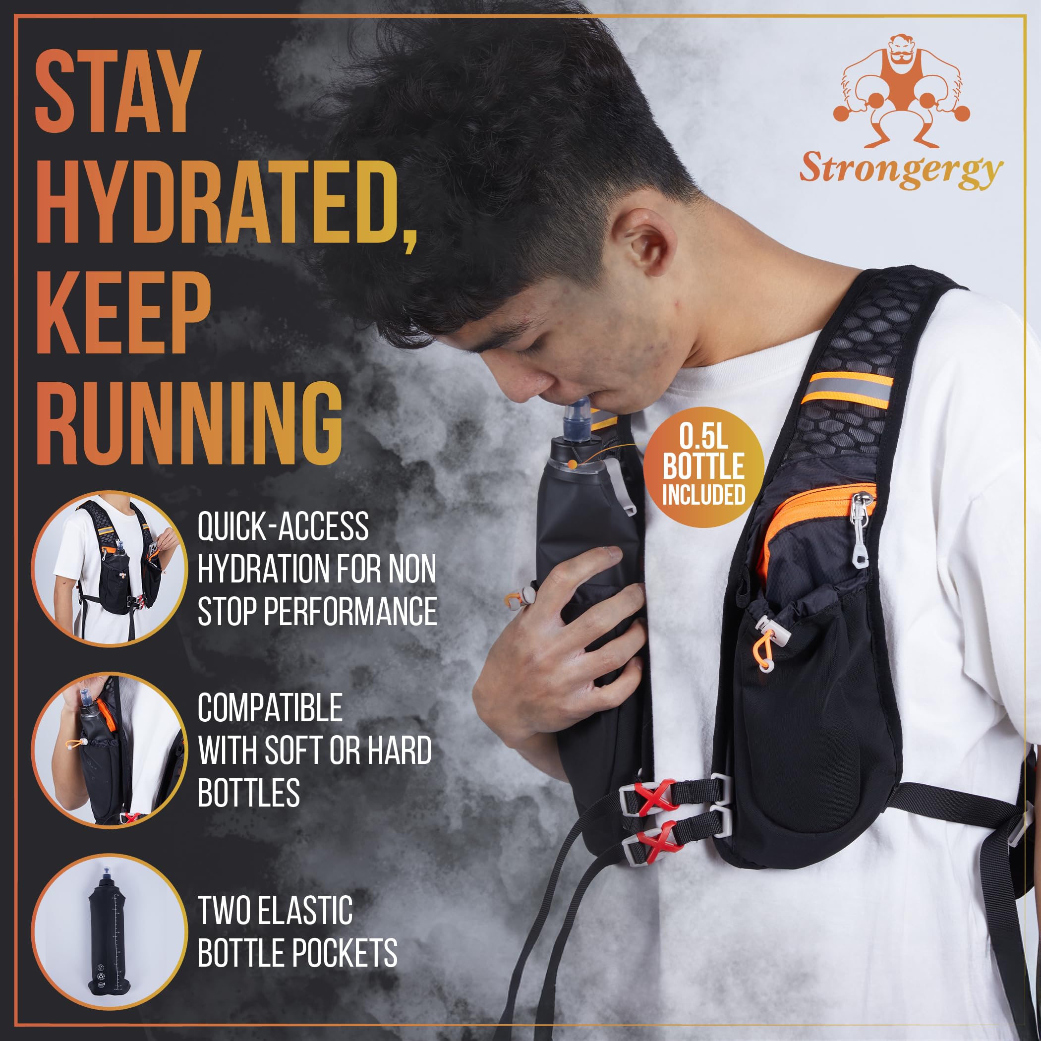 Chaleco Running Hombre y Mujer, Chaleco Hidratación Trail Running 40x22cm, Dos Bolsillos Exteriores, Dos Compartimentos, Botella de 0.5L y Silbato Incluido, Mochila Correr Hombre y Mujer