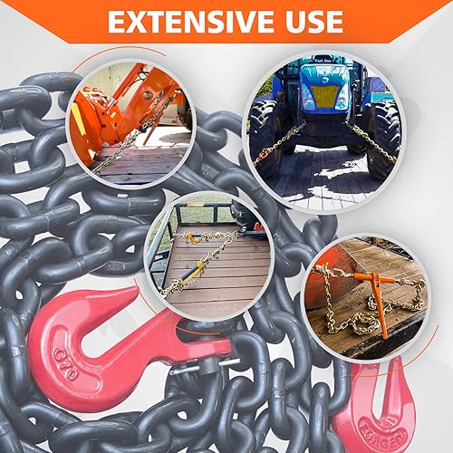 Miniatura 31 de G80 - Cadena de transporte de 3/8 pulgadas x 25 pies de seguridad/carpeta con ganchos de agarre de horquilla 7,100 libras, cadena de registro