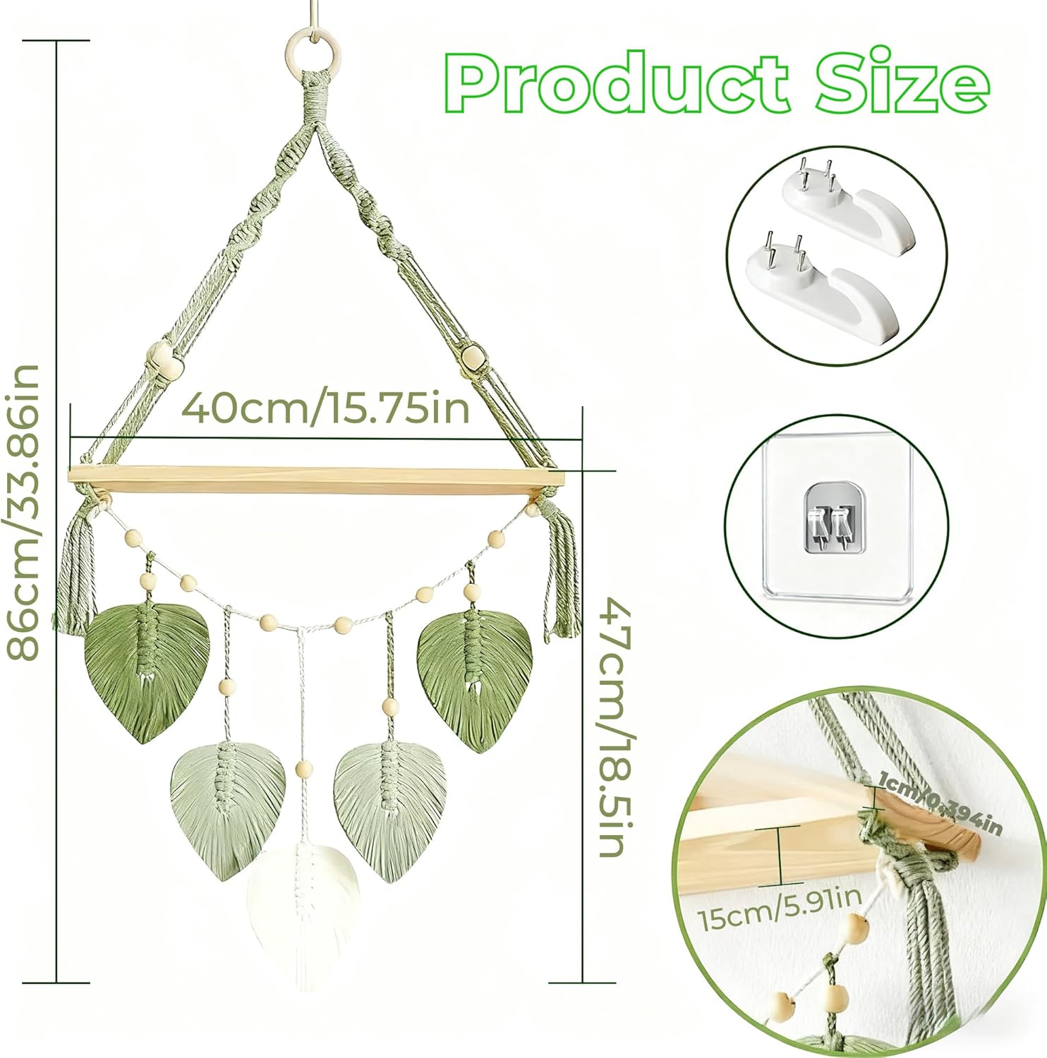 Wooden Floating Shelves for Room Wall, Hanging Storage Organizer, Boho Wall Decor, Plant Shelf for Bathroom, Bedroom, Office, Kitchen, Living Room, Dorm (Green, 2 PCS)