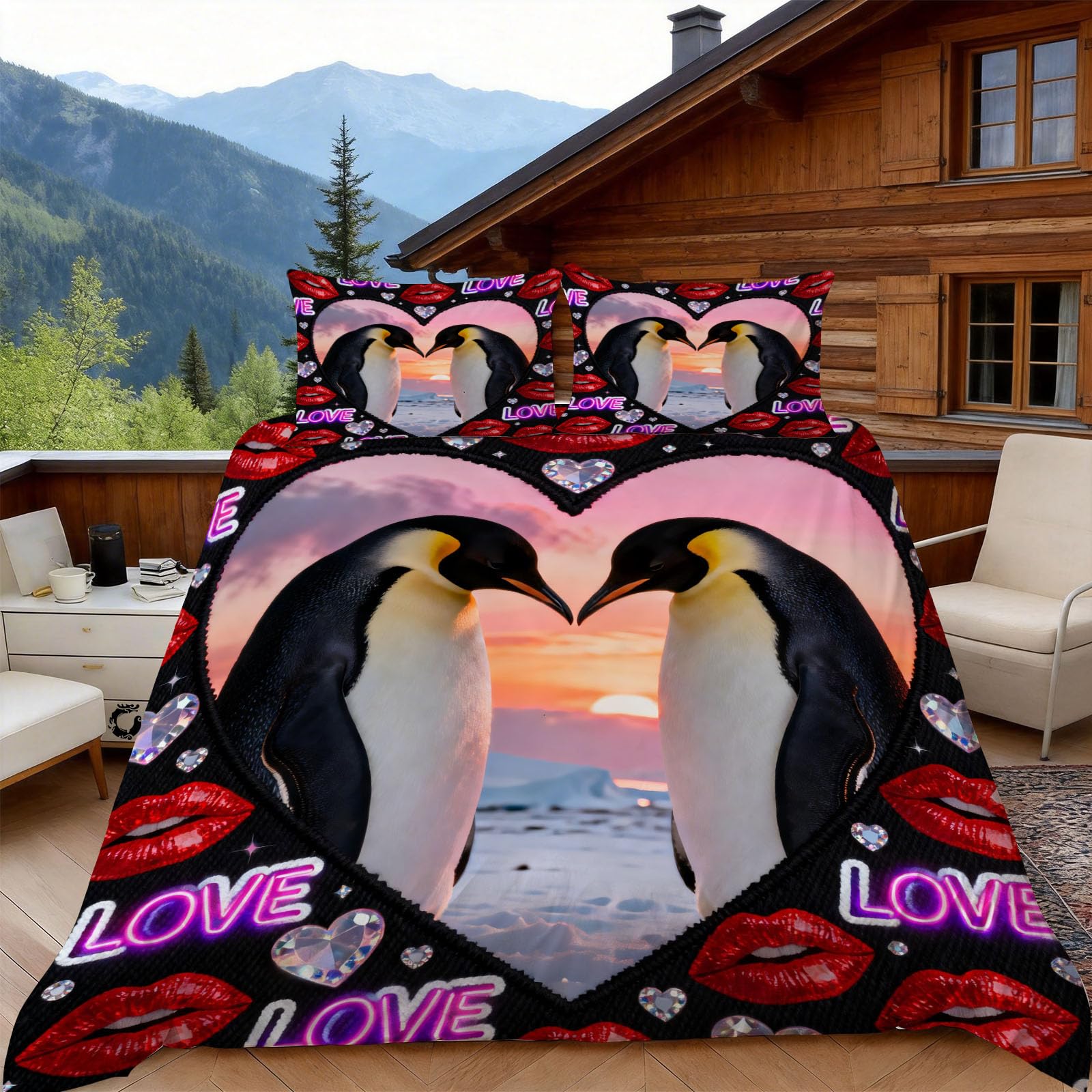 3D Pärchen Pinguin Bettwäsche 220x240 Romantisch Bettwäsche-Sets, Microfaser Bettbezug 3 Teilig Duvet Cover mit Reißverschluss und 2 Kissenbezug 80x80cm