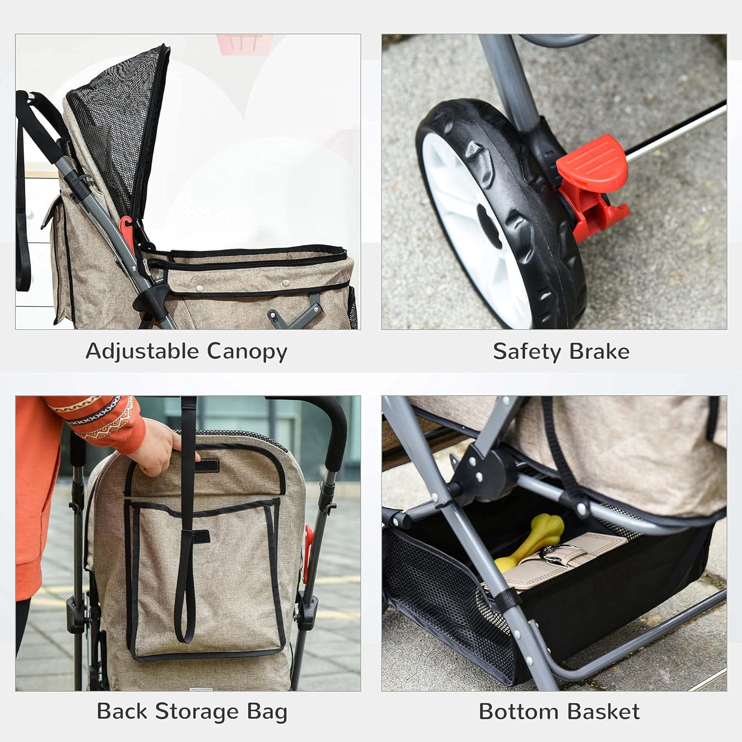 PawHut Pet Stroller Foldable Dog/Cat Travel Carriage with Reversible Handle EVA Wheels Brakes Basket Storage Bag 3-Stage Canopy Zippered Mesh Window Door Brown 27.5" L x 20" W x 37" H : Pet Supplies