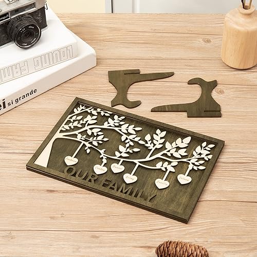 Vista 130 de Árbol genealógico con etiqueta de corazón, placas de madera grabadas personalizadas, regalos personalizados para madres, padres, escritorio, nombres