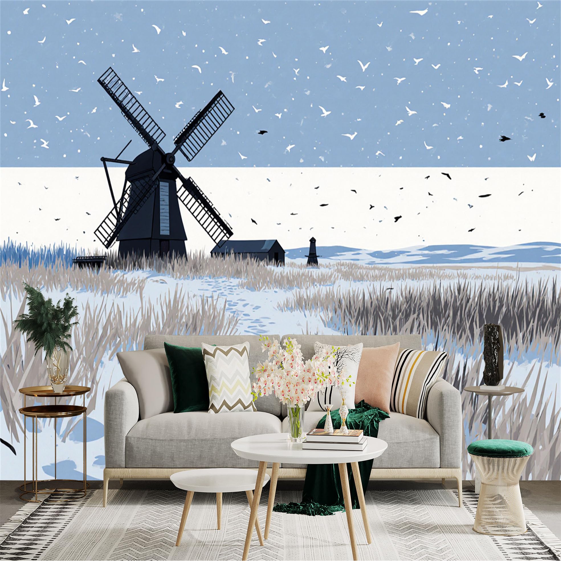 Custom Size Wall Sticker Mural， Snowy Landscape with Windmill， Winter Field and Flying Birds， for wall Decoration， peelandstick wall Decals.