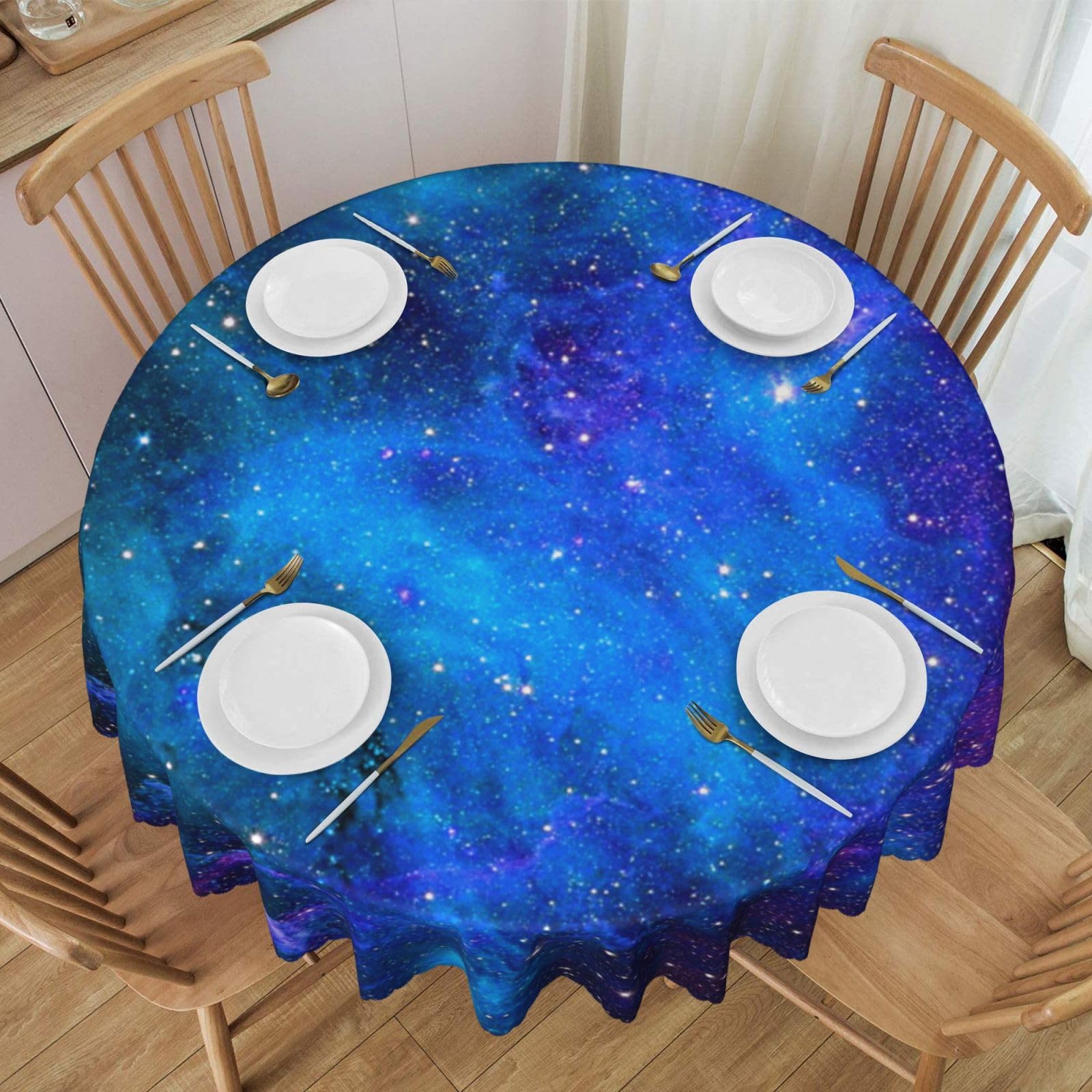 DCEHGEW 60 In Round Tablecloth with Lace, Galaxy Printed Oilproof & Washable Fabric Picnic Table Cloth Table Covers