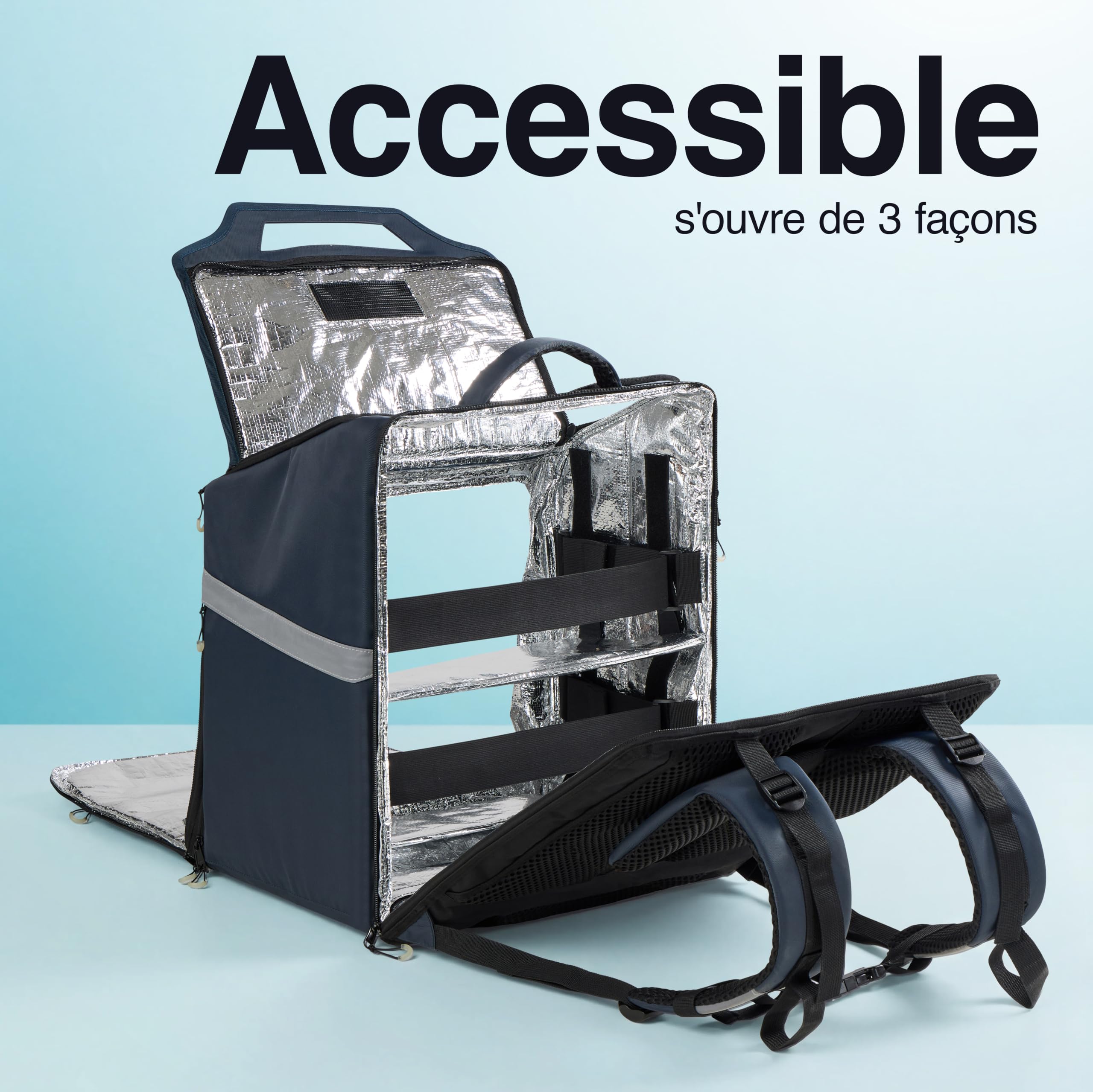 OO Bag, Sac à Dos Isotherme 75L pour Coursiers Pro, 3 Accès (Haut, Avant, arrière), Imperméable, Bandes Réfléchissantes, Extensible +25%, Harnais 160-200 cm
