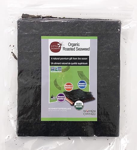 Little Jasmine Algas asadas, certificado orgánico USDA, grado premium, 50 hojas completas, fabricado en Estados Unidos