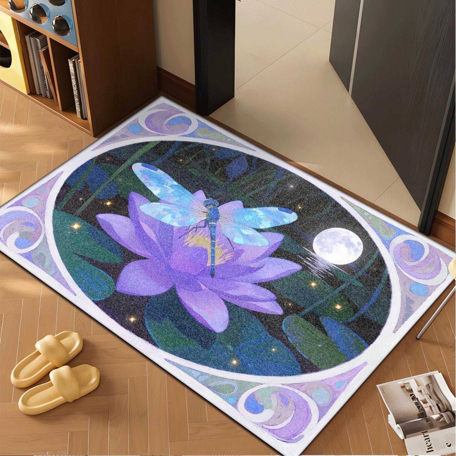 Fussmatte Innen 80x120 cm Lila Lotus Mond Fussmatte Aussen rutschfeste für Hund Eingang Badematte Waschbar Schmutzfangmatte Strapazierfähige und Langlebige Fussmatten Haustür