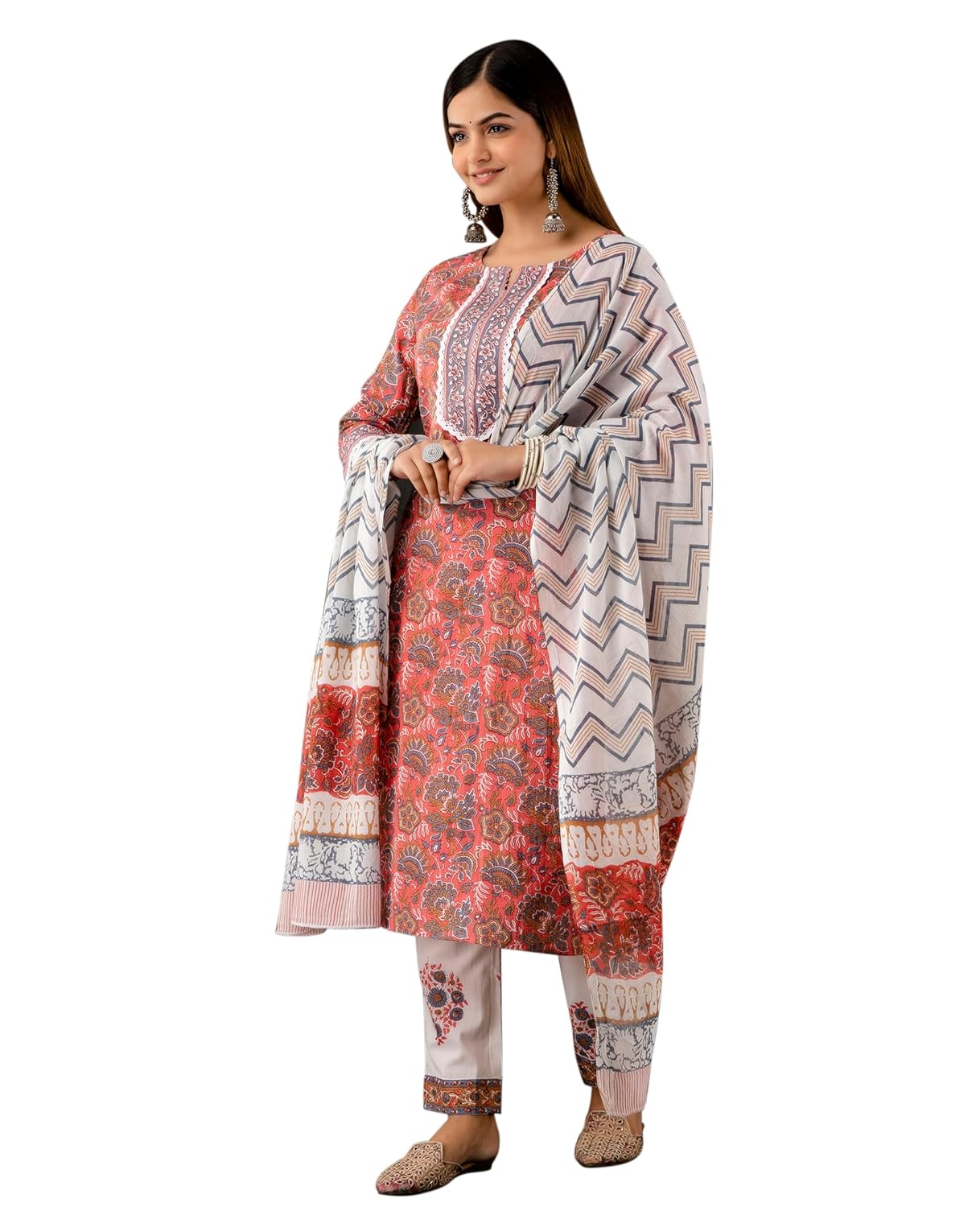 ROBOLOX Women’s Cotton Printed Floral Straight Kurta with Pants and Dupatta