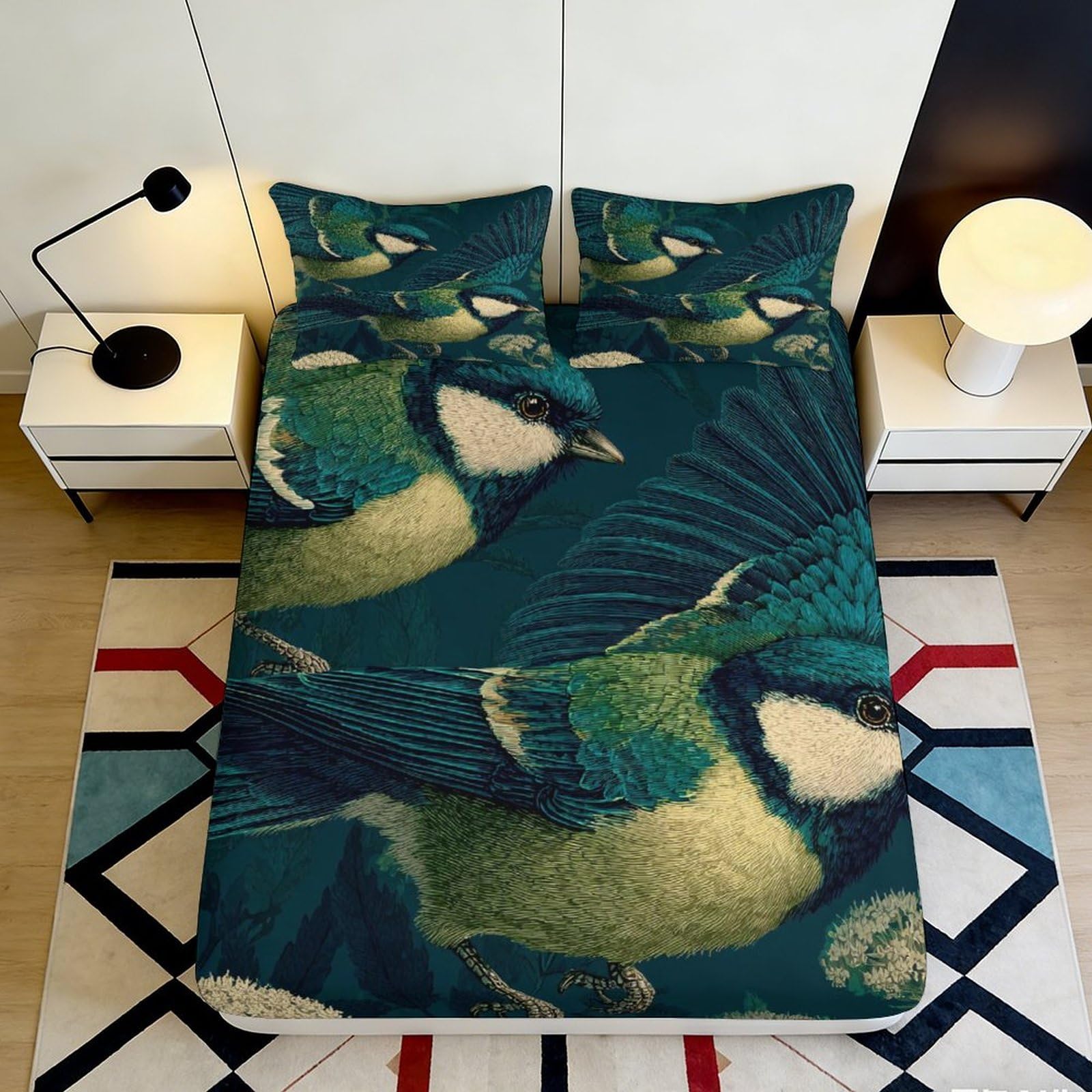3D Printed Blue Tit Bird Fitted Sheet Microfiber Soft Breathable Flying Bird Mattress Cover for Bedroom Dormitory Guest Room Mattress Protection Decor 90x200x25cm