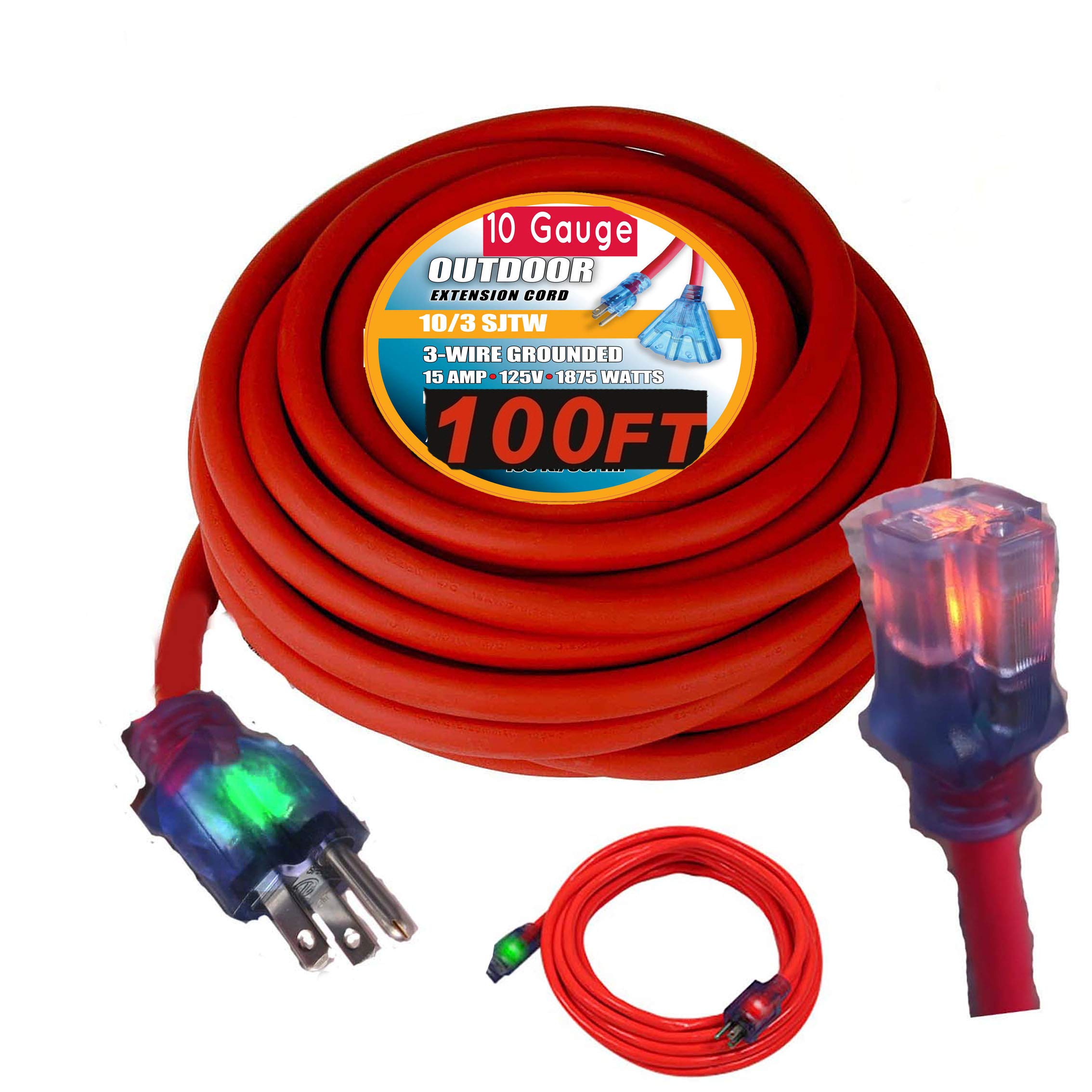 Pizety 10/3 Contractor Grade 10 Gauge Extension Cord - 100 ft Heavy Duty Indoor Outdoor SJTW Lighted Outlet America Style - Red