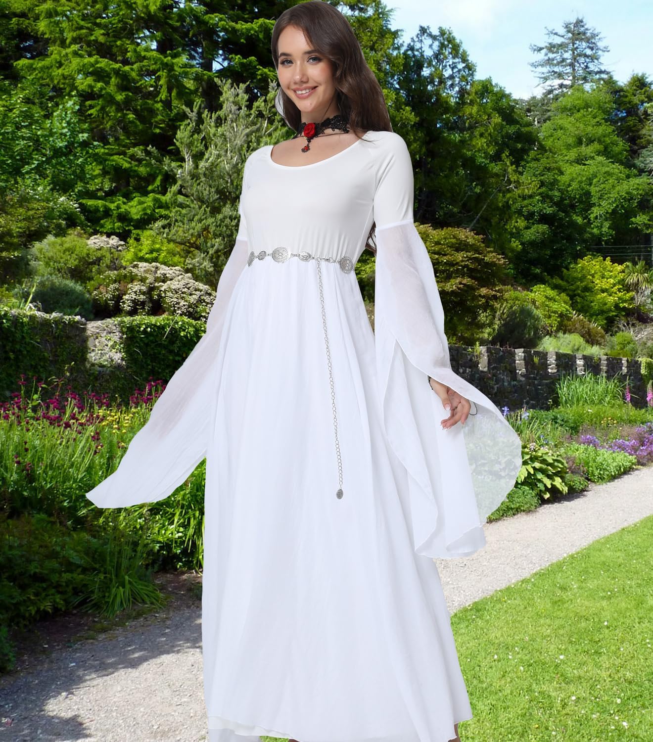 PYAEAS 4 PCS Women Medieval Witch Gothic Long Dress Halloween Vampire Renaissance Costume with Belt Chain Bracelets Necklaces - Image 3