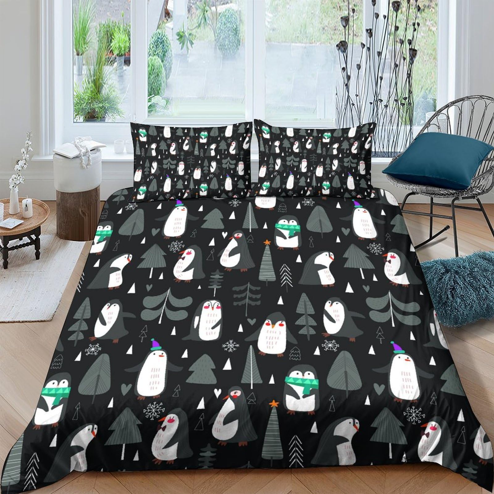 GPLZQXKJNH 3D Printed Cartoon Penguin Duvet Cover Microfiber Soft Breathable Forest Animal Bedding Set with 2 Pillowcases for Bedroom Decor Single（135x200cm）