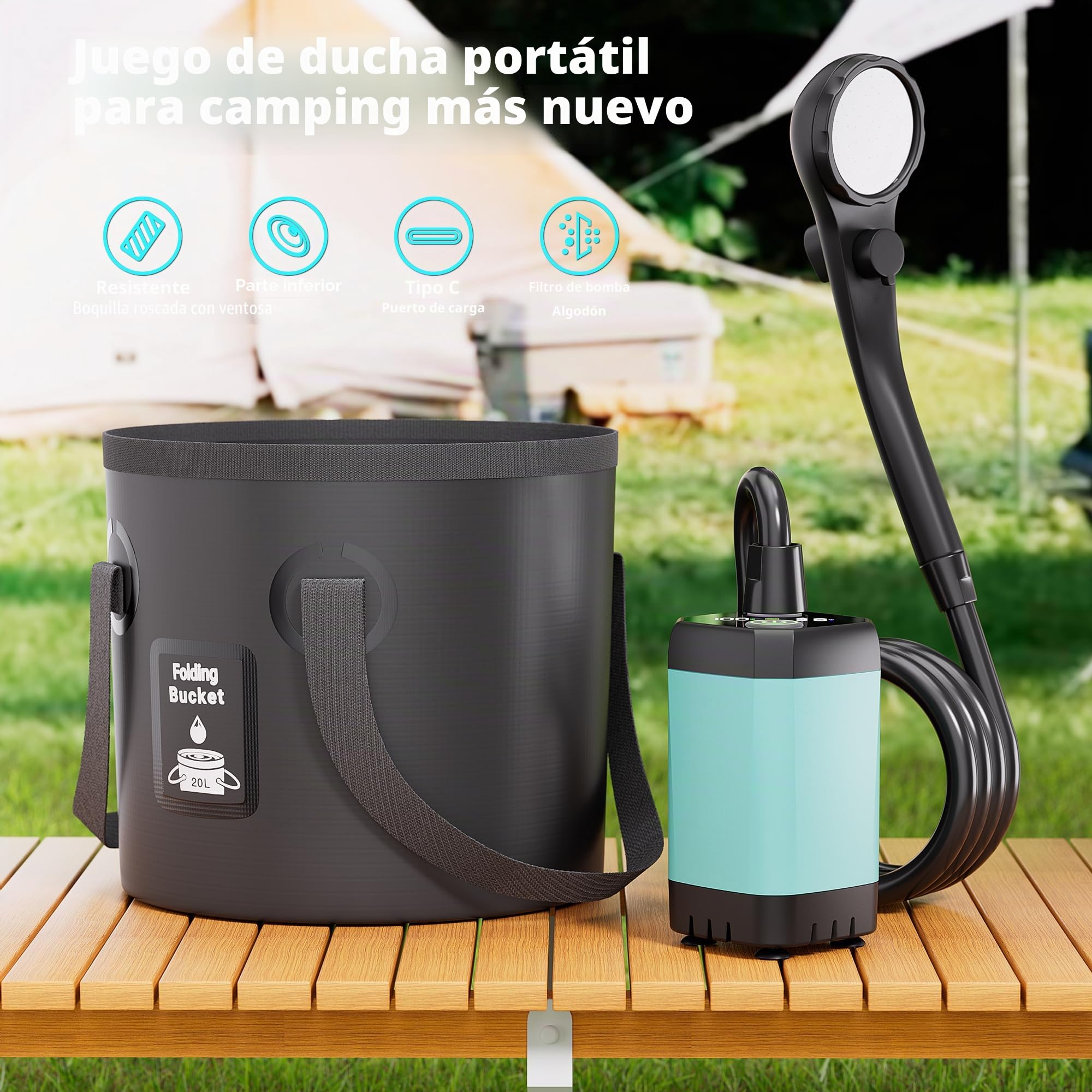 Mytrix 2024 - Juego completo de ducha portátil para camping, bomba de succión de energía recargable de 6000 mAh con pantalla inteligente, cabezal de pulverización multimodo y depósito plegable de agua