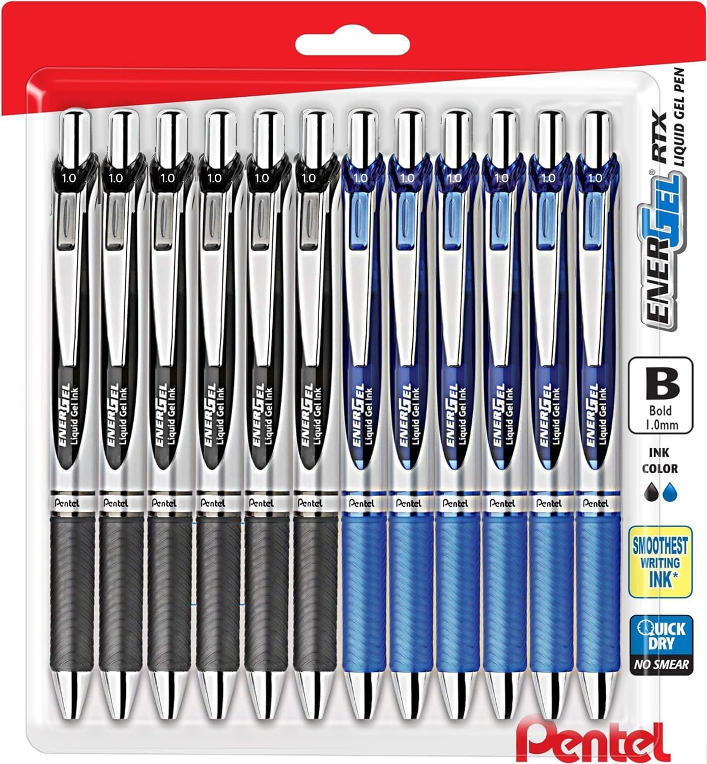 Pentel Energel Liquid Gel Ink Pen, 1.0mm Bold Point RTX Retractable Deluxe Pen, Metal Tip, Bulk Pack of 12; 6 Black & 6 Blue