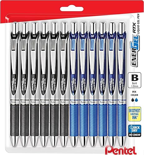 Pentel Energel - Bolígrafo de tinta de gel líquido, punta gruesa RTX retráctil Deluxe de 0.039 pulgadas, punta de metal, paquete a granel de 12 6