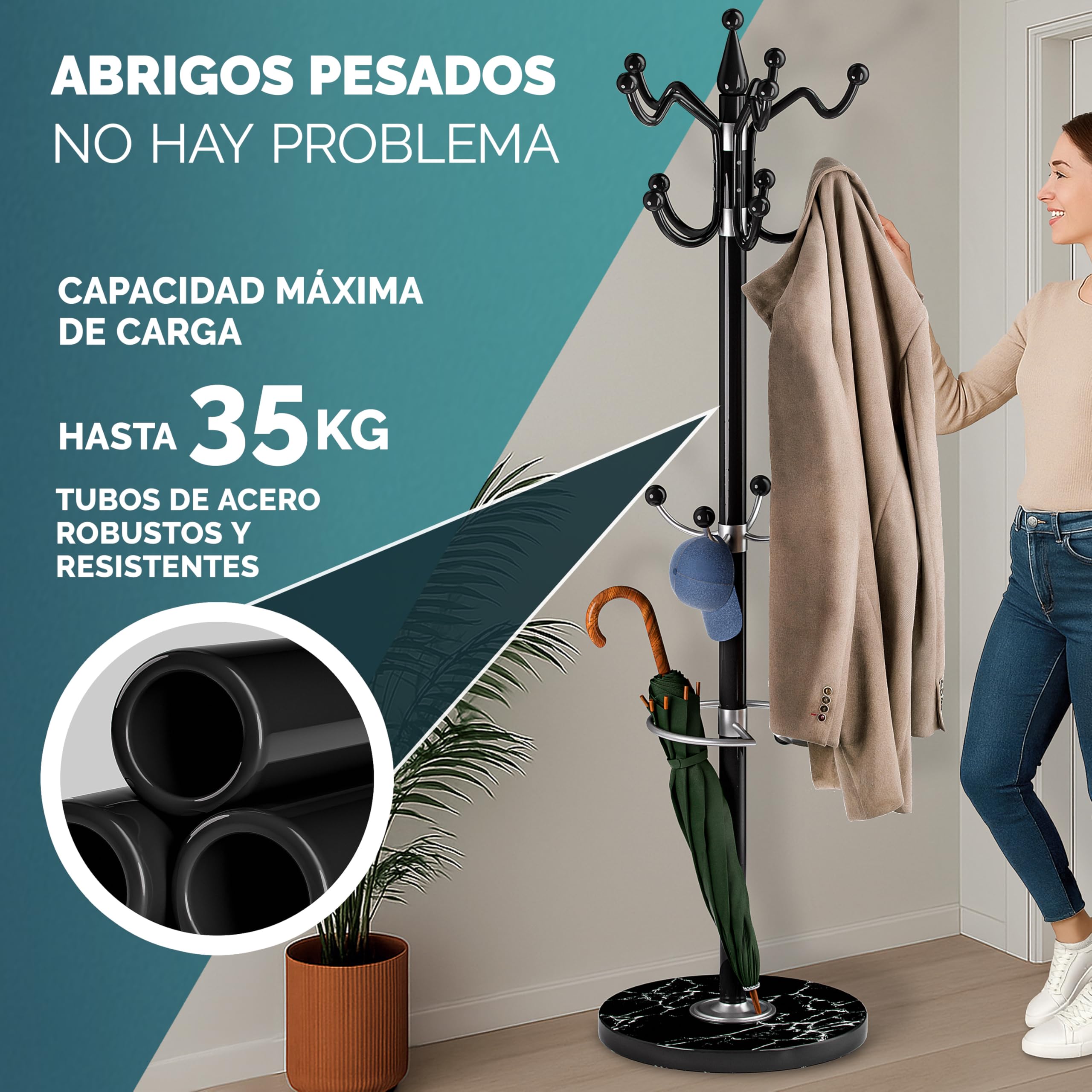 CASARIA® Perchero de Pie, Forma de Árbol, 14 Ganchos, Base Mármol, para Pasillo Recibidor Entrada, Colgador Chaquetas Sombreros Ropa Resistente Bolsos 175x37cm