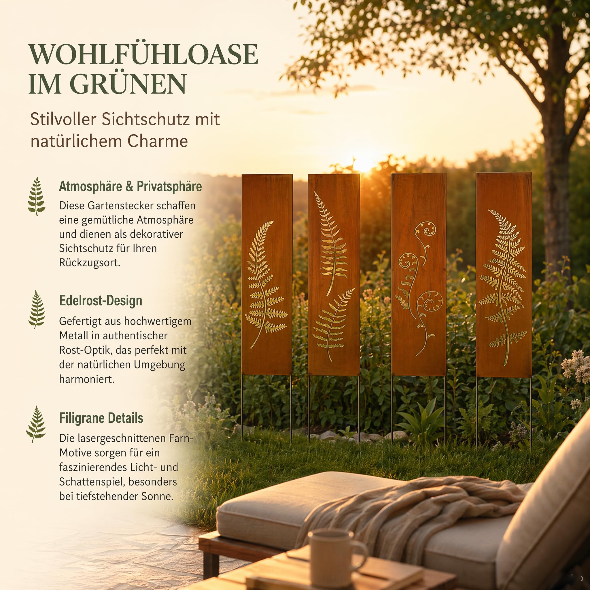 Frangivista in metallo, 4 x 11 cm x 44 cm, effetto ruggine per giardino, protezione da sguardi indiscreti, per giardino, in acciaio corten, protezione da sguardi indiscreti
