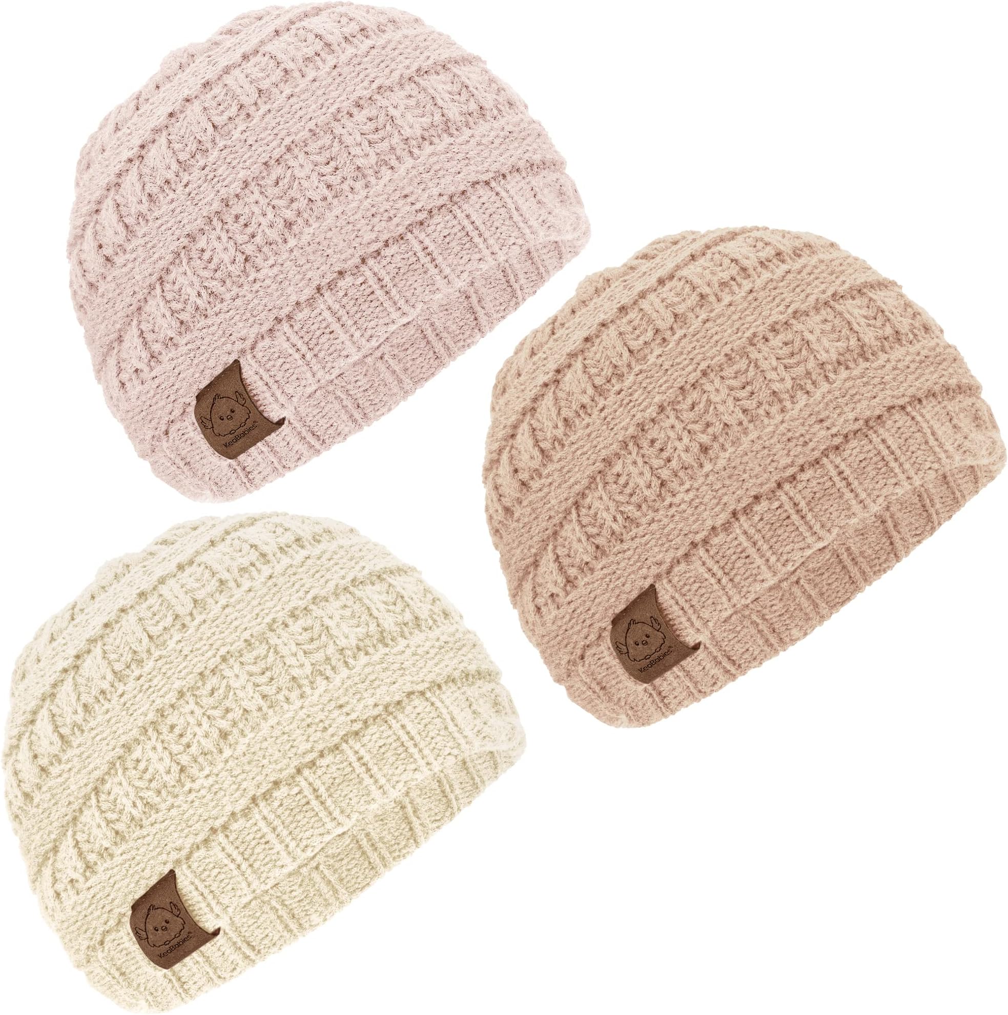 KeaBabies 3-Pack Baby Beanies for Boys, Girls - Soft, Cute Baby Winter Hats 6-36 Months, Stretchy Knit, Warm Toddler Winter Hat, Newborn, Infant, Toddler Beanie for Babies Girl, Boy (Pale, M)