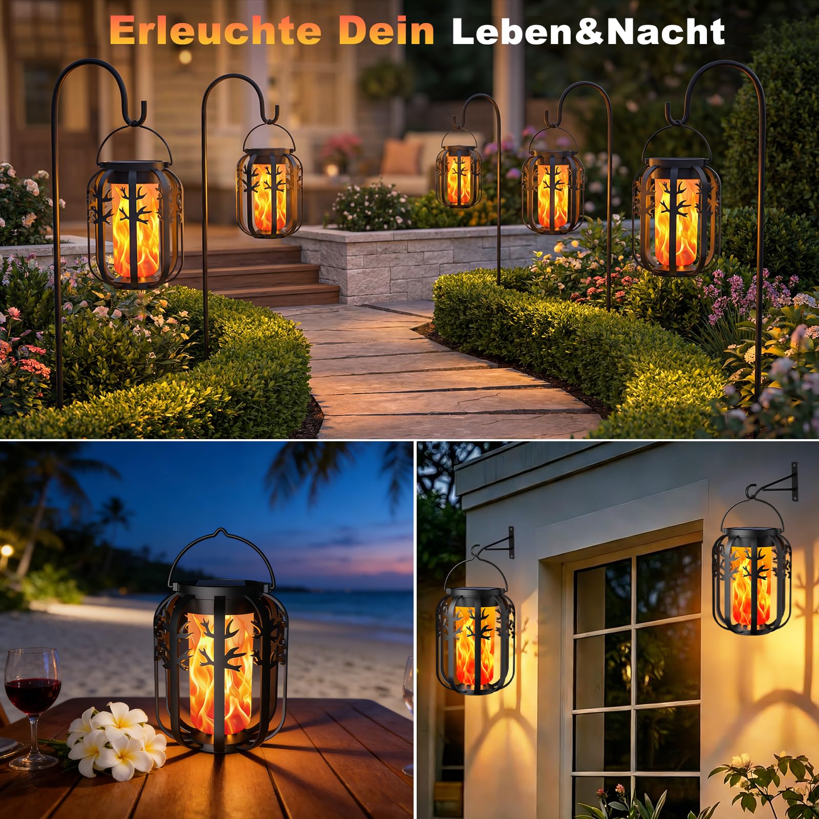 Solarlampen für Außen, 4 Stück Verbessert Solar Laternen für Draußen mit Realistische Flammeneffekte, Dual-Modus-Aufladung USB & Solar, Lampions Außen Wetterfest für Garten, Balkon, Hof Deko