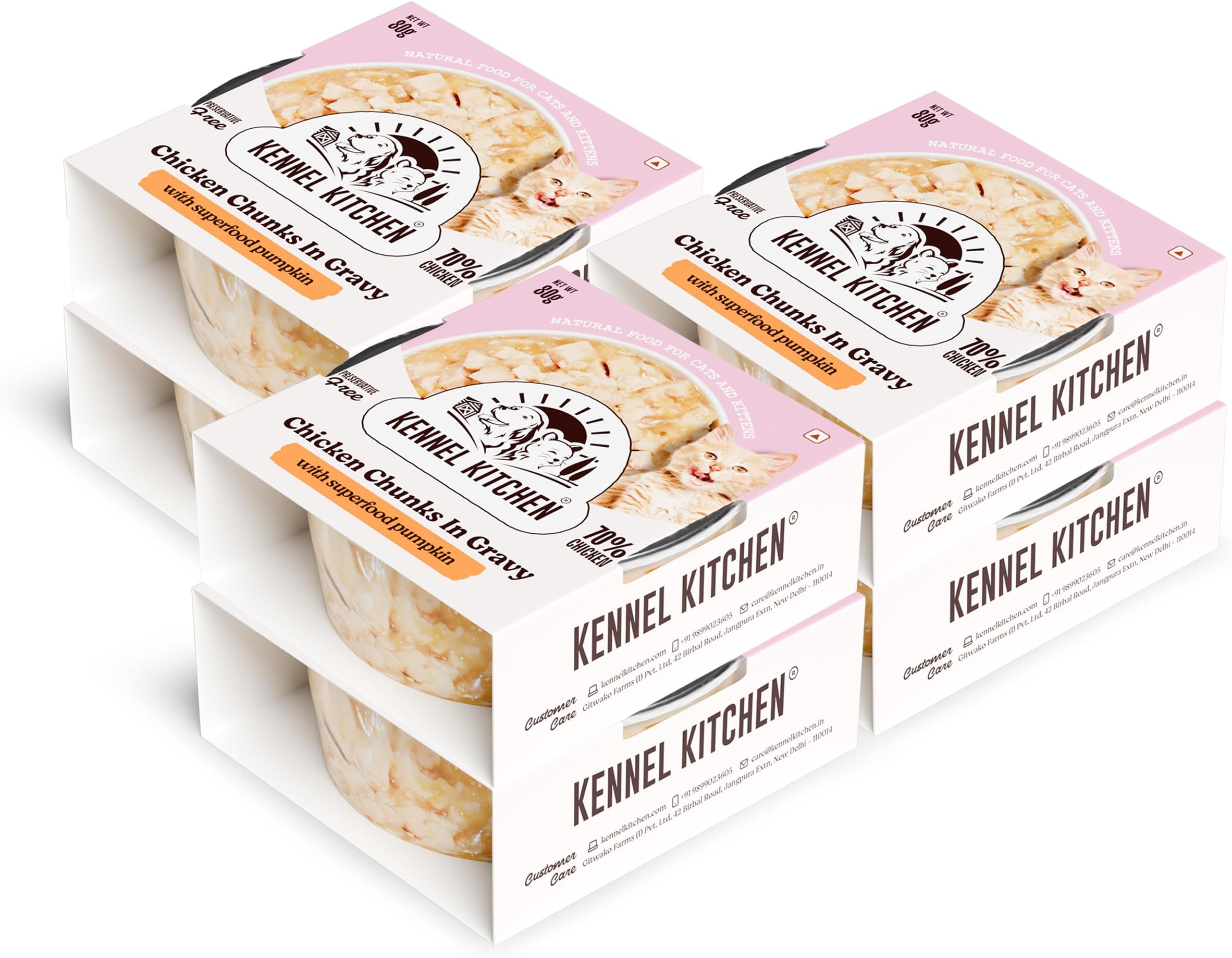 Kennel Kitchen Chicken Chunks in Gravy with Superfood Pumpkin, 80g (Pack of 6) | Wet Food for Cats & Kittens in Cups | Preservative Free