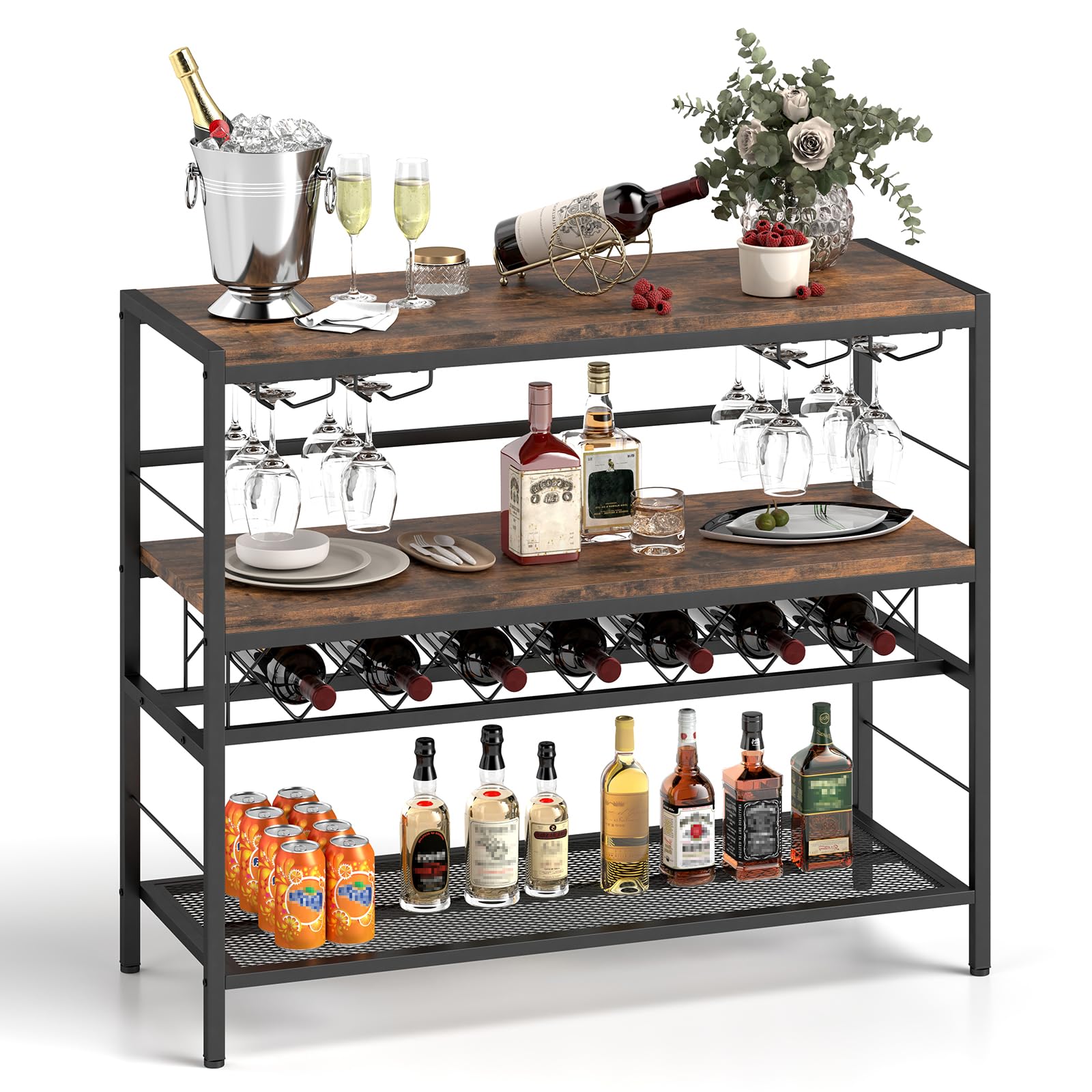 RELAX4LIFE Portabottiglie da Vino da 104 CM, Tavolo Bar per Vino con 4 Supporti per Bicchieri, Piano di Lavoro Ampio, Ripiani di Stoccaggio, Supporto per Bottiglie da Vino per Cucina, Soggiorno