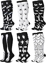 Hotop 6 Pairs Halloween Knee High Socks for Men Women Spooky Gifts Patterned Calf Length Socks for Halloween Adult