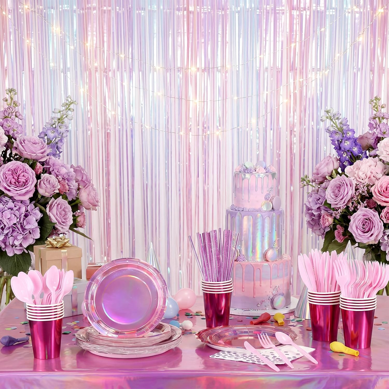 LemonRoad 202 Pcs Iridescent Pink Party Supplies Serve 25 Hot Pink Holographic Paper Plates Napkins Disposable Cups Knives Spoons Fork Straw Tablecloth for Mermaid Disco Birthday Party Decor