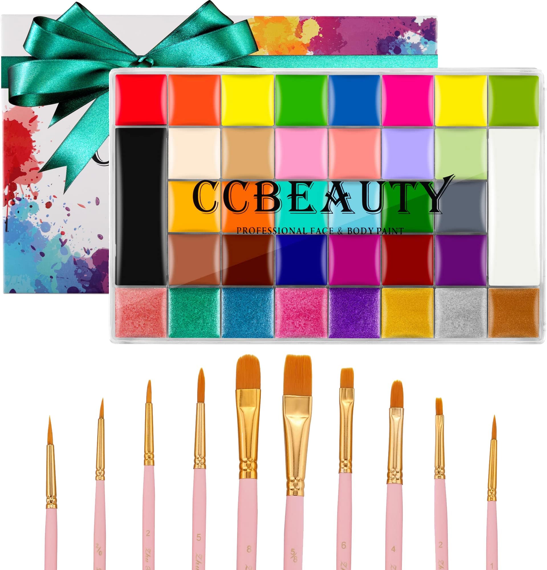 CCbeauty Face Body Paint Kit Professional 36 Colors Face Painting Kit Cosplay Makeup Palette Halloween Clown SFX Makeup Kit Neon Body Paint Arts Party Fancy Make Up with 10 Pink Face Paint Brushes