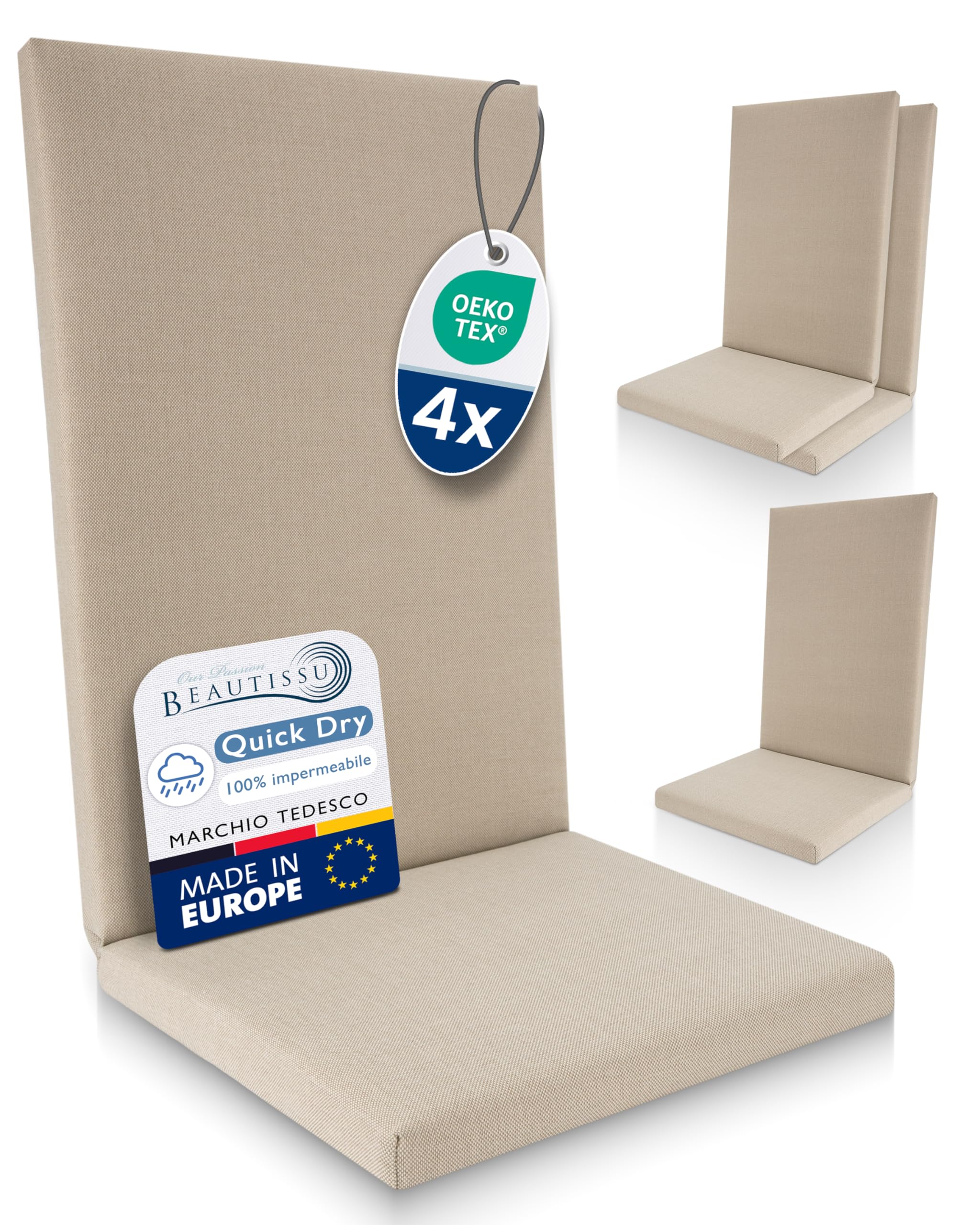 Beautissu Premium Set di 4 Cuscino Sedia Giardino Schienale Alto resistenti | 120x50cm beige 100% impermeabili UV comodi facili pulire asciugatura rapida Cuscini Sedie Mobili lavabile esterno Quick Dry