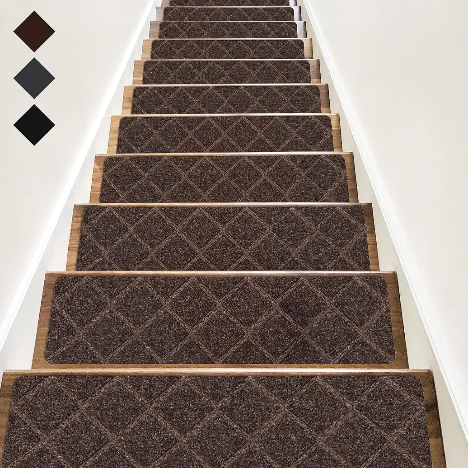 RIOLAND Stair Treads Carpet Non-Slip Indoor 15 PCS Wood Stair Treads Rugs Anti Moving Modern Stair Runners Safety for Kids Dogs, 8" X 30", Diamond Gray | Non Slip Stair Runners with Self-adhesive Backing, Peel and Stick Stair Treads for Wood Stair, Safety for Elders & Pets, Gray