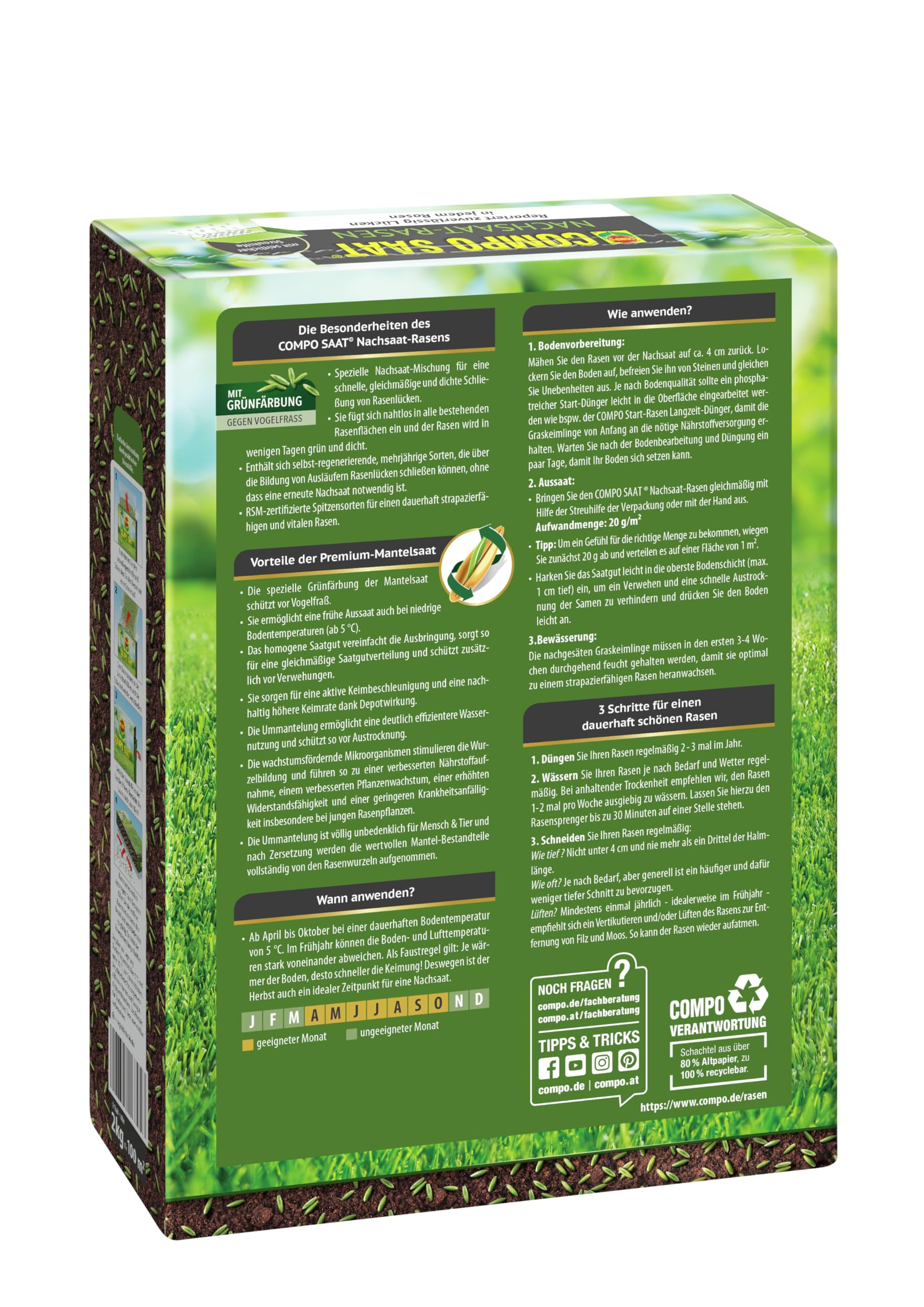 COMPO SAAT Nachsaat-Rasen - für Lücken und kahle Stellen - zuverlässiger Nachsaatrasen - hochwertige Saatgutmischung mit Premium-Mantelsaat - 2 kg für 100 m²