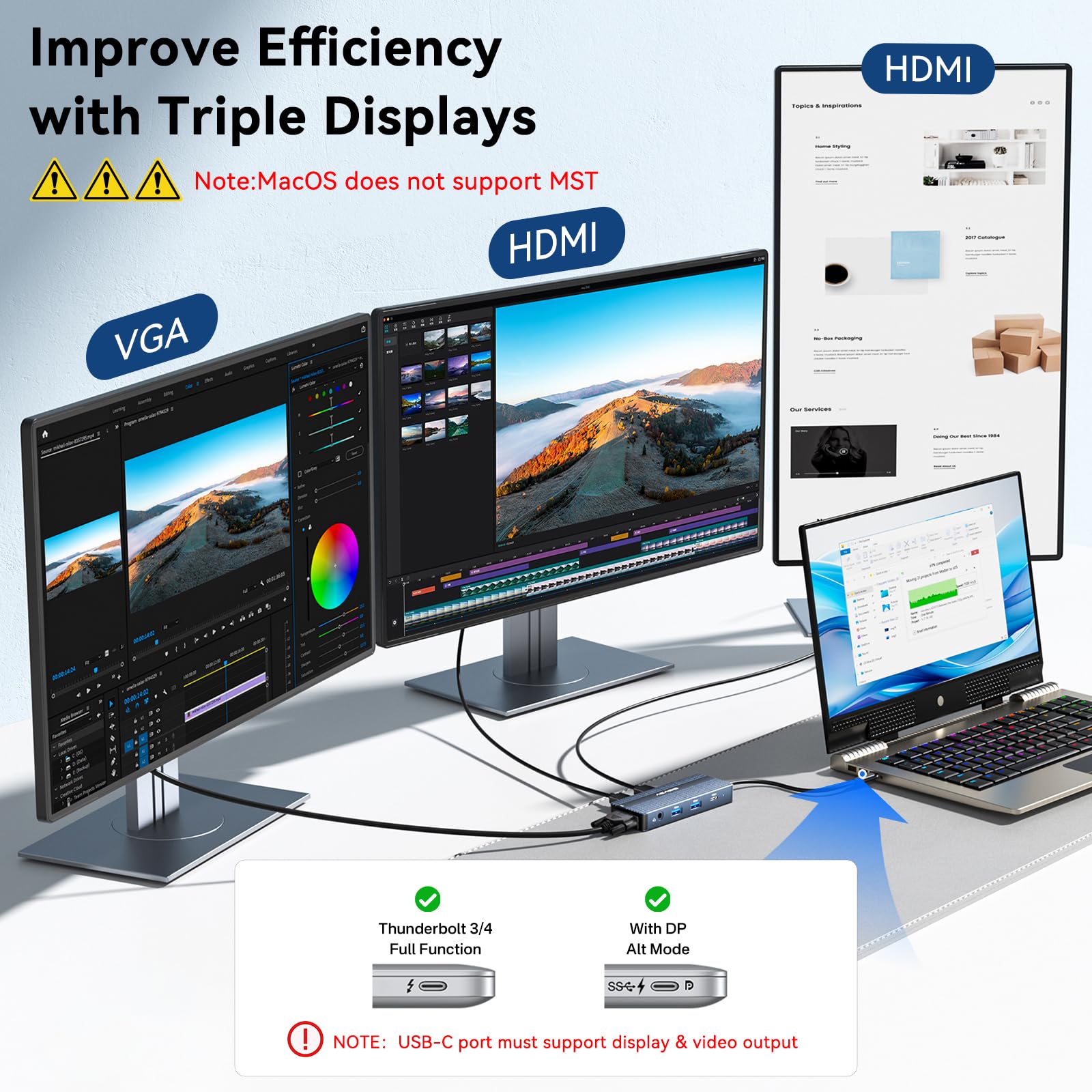 Plugable Base USB-C con HDMI 4K y carga de 60 W, compatible con Thun