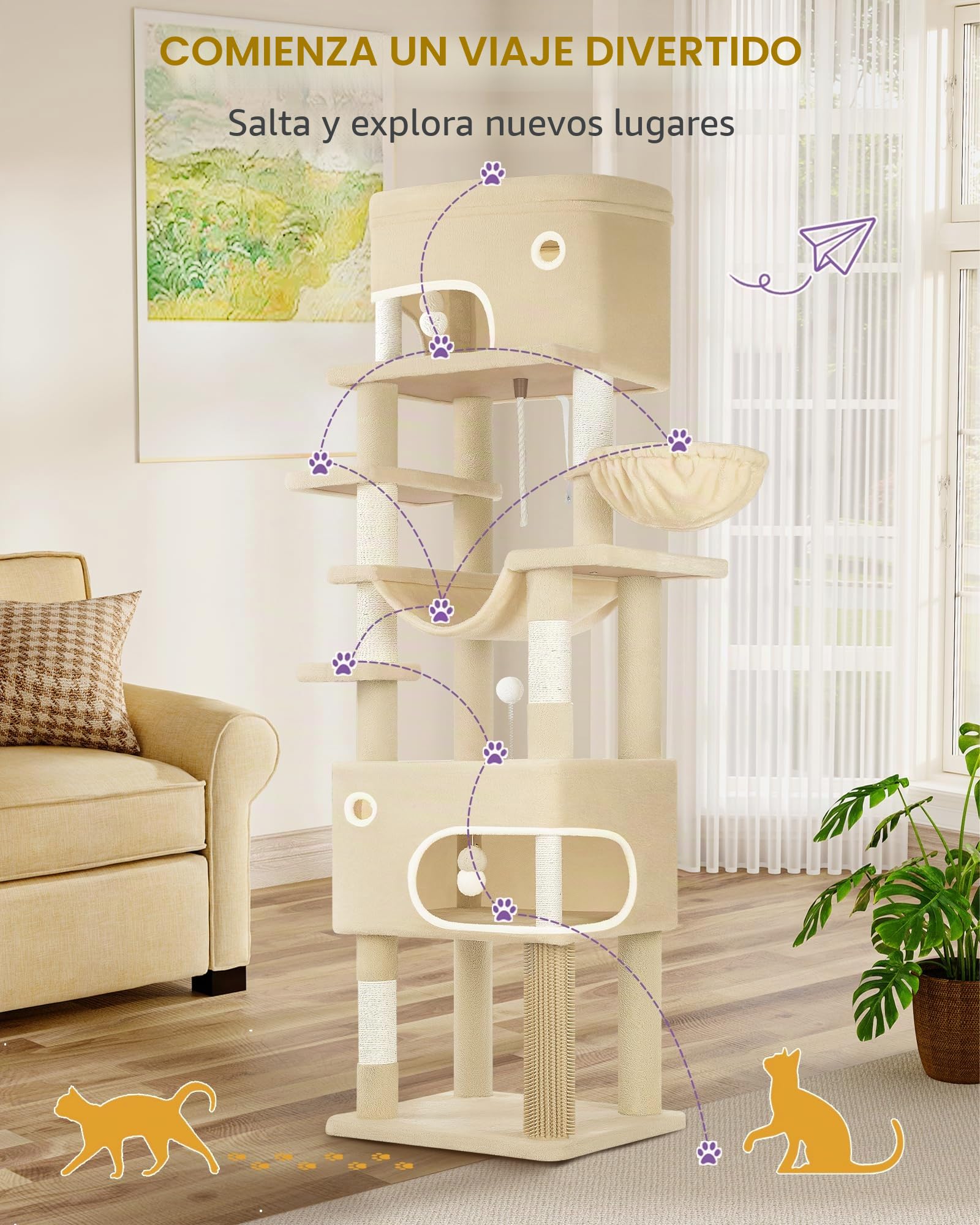 Hzuaneri Árbol Rascador para Gatos, 203 cm Multicapa con Plataforma Grande, 2 Cuevas, 7 Postes de Sisal, Pompones, Cesta para Gatos, Hamaca, Beige MS20318YL