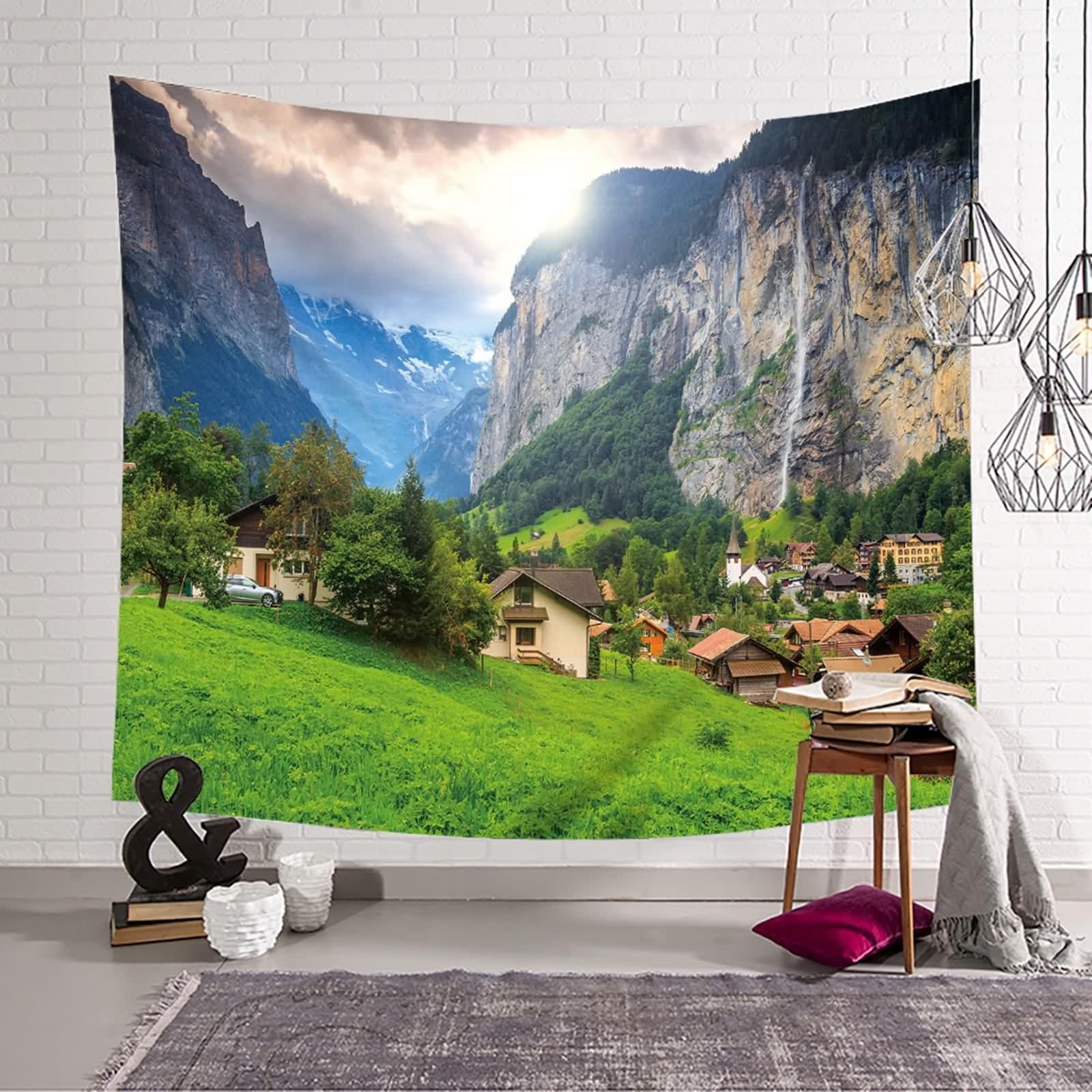 Tolldek Dywan ścienny zielony, 300 x 256 cm, naturalny krajobraz, ozdoba na ścianę, wioska, góra, gobelin, chusta ścienna z naturą, dekoracja domu