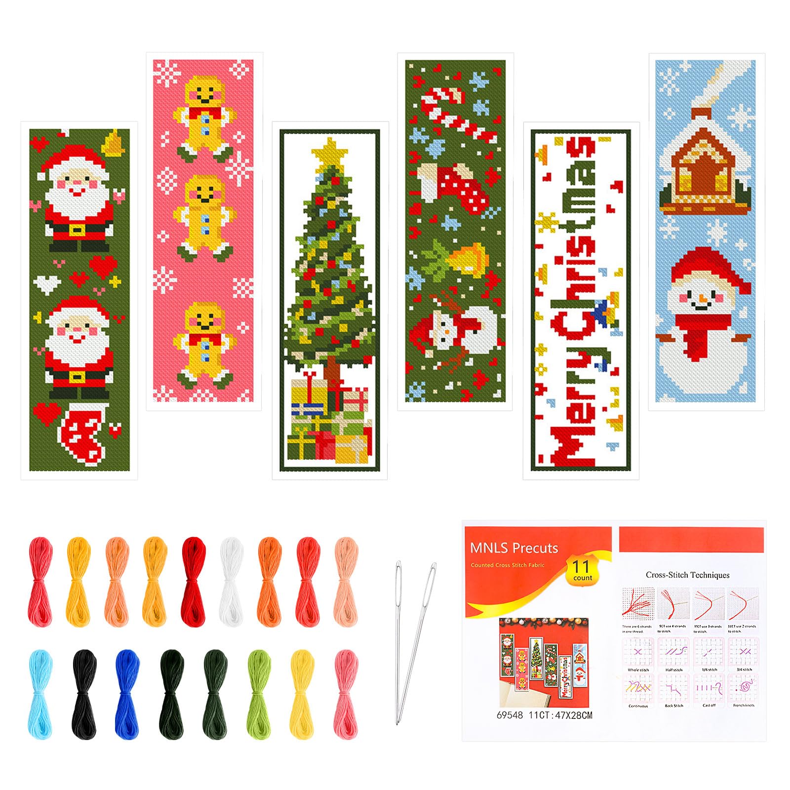 JSRQT 6Pcs Christmas Cross Stitch Bookmark Kit,11CT Pre-Stamped Embroidery Bookmarks with Instructions,Perfect Christmas Handcraft Gift for Adults Beginners,8''x2.4 (20 x 6cm)