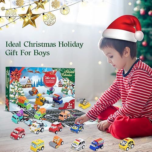 Miniatura 5 de Calendario de Adviento de Navidad 2023 para niños, calendario de cuenta regresiva de 24 días con bonitos vehículos de autos de tracción trasera,