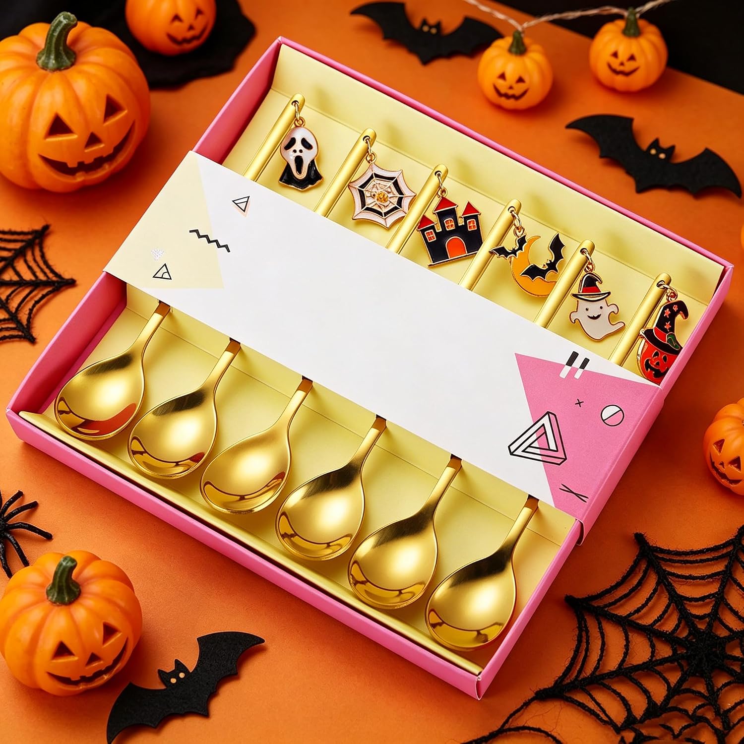 6Pcs Halloween Coffee Spoons with Pumpkin Ghost Bat Spider Web Hanging Pendants Stainless Steel Spoons for Soup Milk Stirring Spoons Ice Cream Dessert Cake Spoons Halloween Tableware