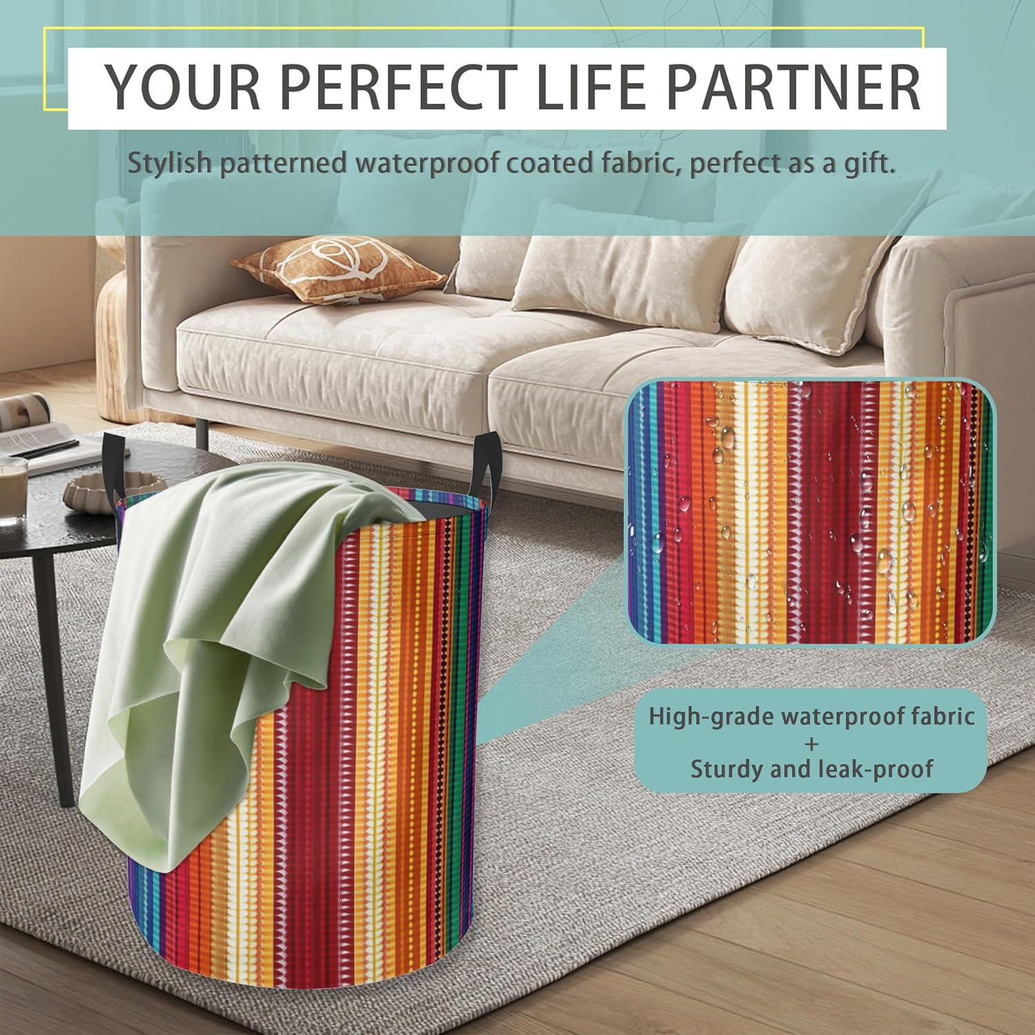 Mexican Ethnic Stripes Rainbow Round Laundry Hamper Storage Basket Toys Clothes Organizer Bin For Home Bathroom Bedroom Dorm Nursery